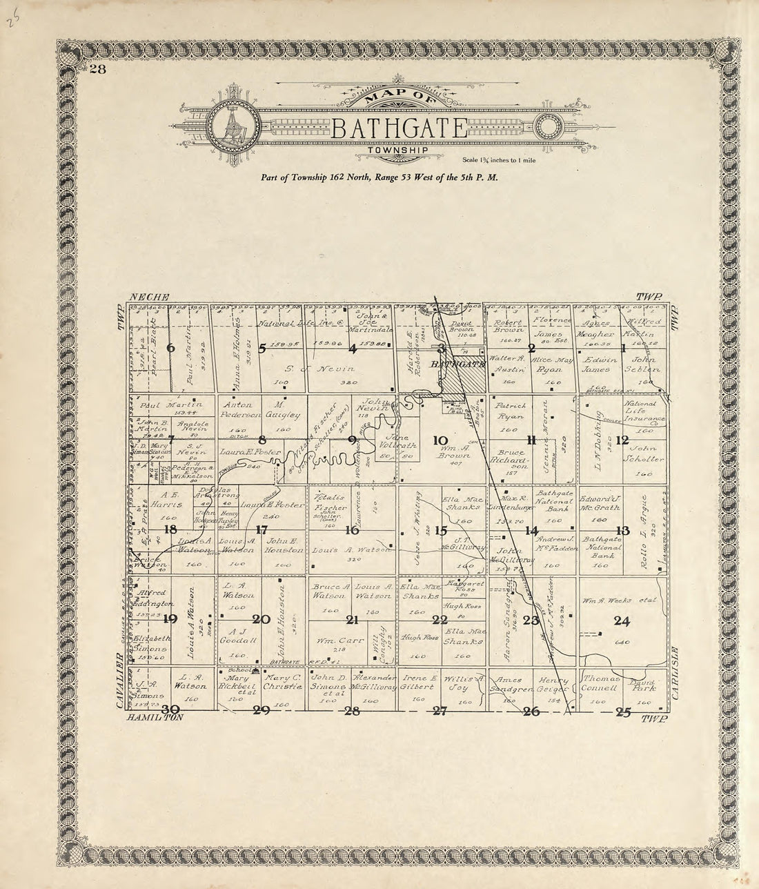 Map of Bathgate Township from Standard Atlas of Pembina County, North Dakota : Including a Plat Book of the Villages, Cities and Townships of the County, Map of the State, United States and World : Patrons Directory, … 1928 by Relic Map Company