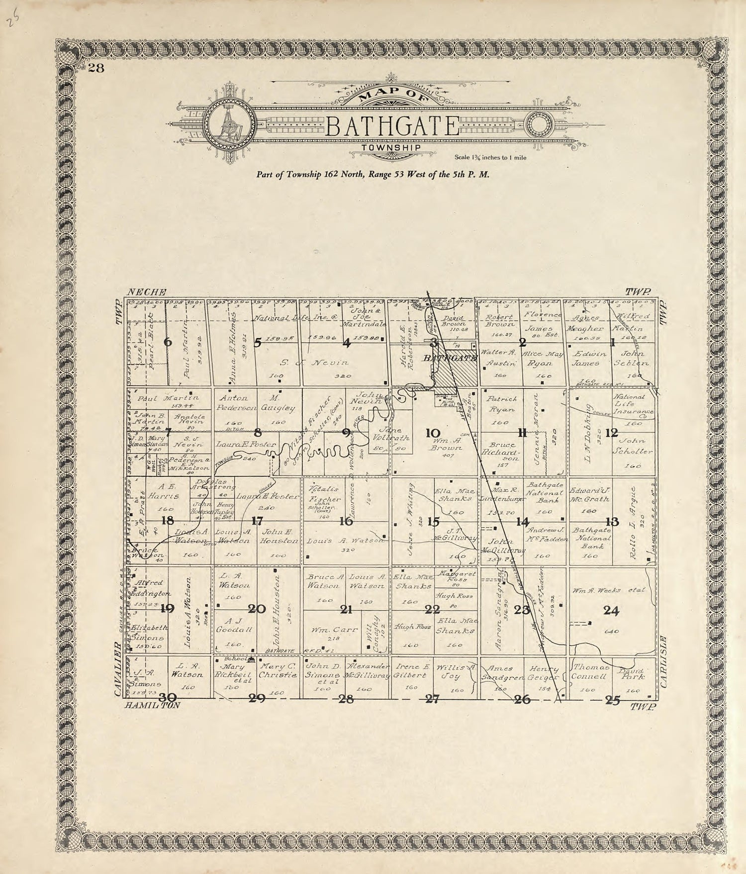 Map of Bathgate Township from Standard Atlas of Pembina County, North Dakota : Including a Plat Book of the Villages, Cities and Townships of the County, Map of the State, United States and World : Patrons Directory, … 1928 by Relic Map Company