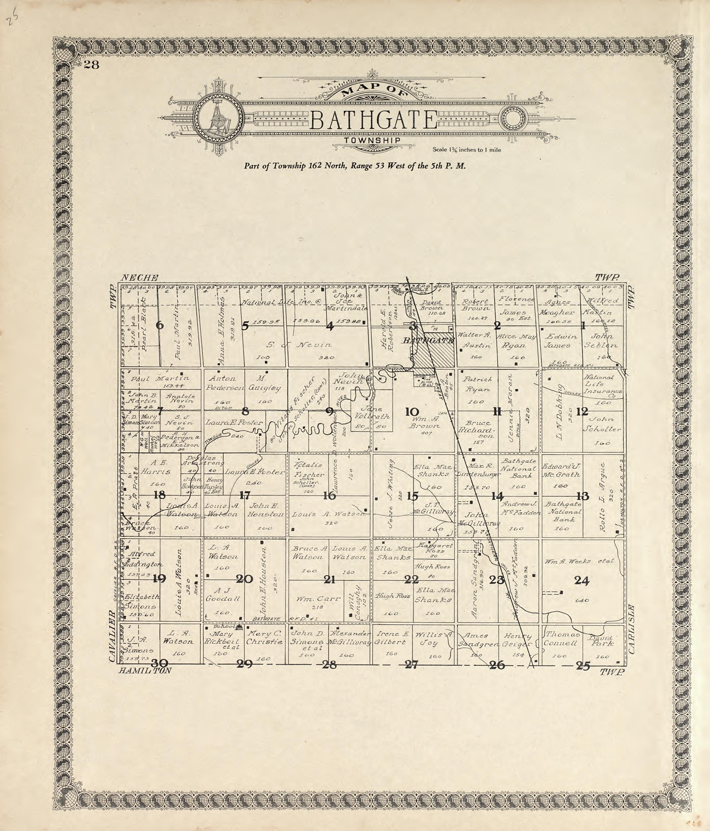 Map of Bathgate Township from Standard Atlas of Pembina County, North Dakota : Including a Plat Book of the Villages, Cities and Townships of the County, Map of the State, United States and World : Patrons Directory, … 1928 by Relic Map Company