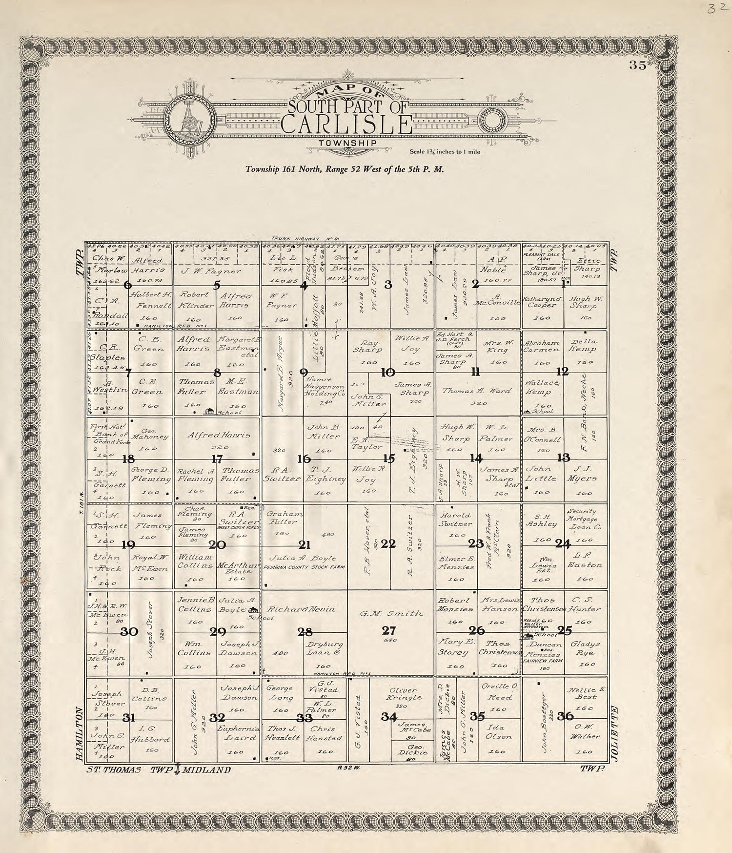 Map of South Part of Carlisle Township from Standard Atlas of Pembina County, North Dakota : Including a Plat Book of the Villages, Cities and Townships of the County, Map of the State, United States and World : Patrons Directory, … 1928 by Relic Map Company
