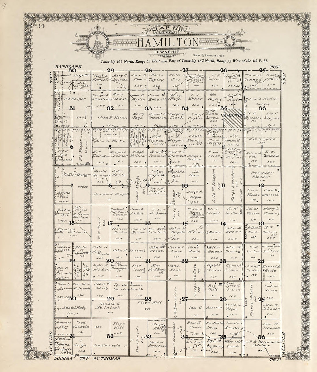 Map of Hamilton Township from Standard Atlas of Pembina County, North Dakota : Including a Plat Book of the Villages, Cities and Townships of the County, Map of the State, United States and World : Patrons Directory, … 1928 by Relic Map Company