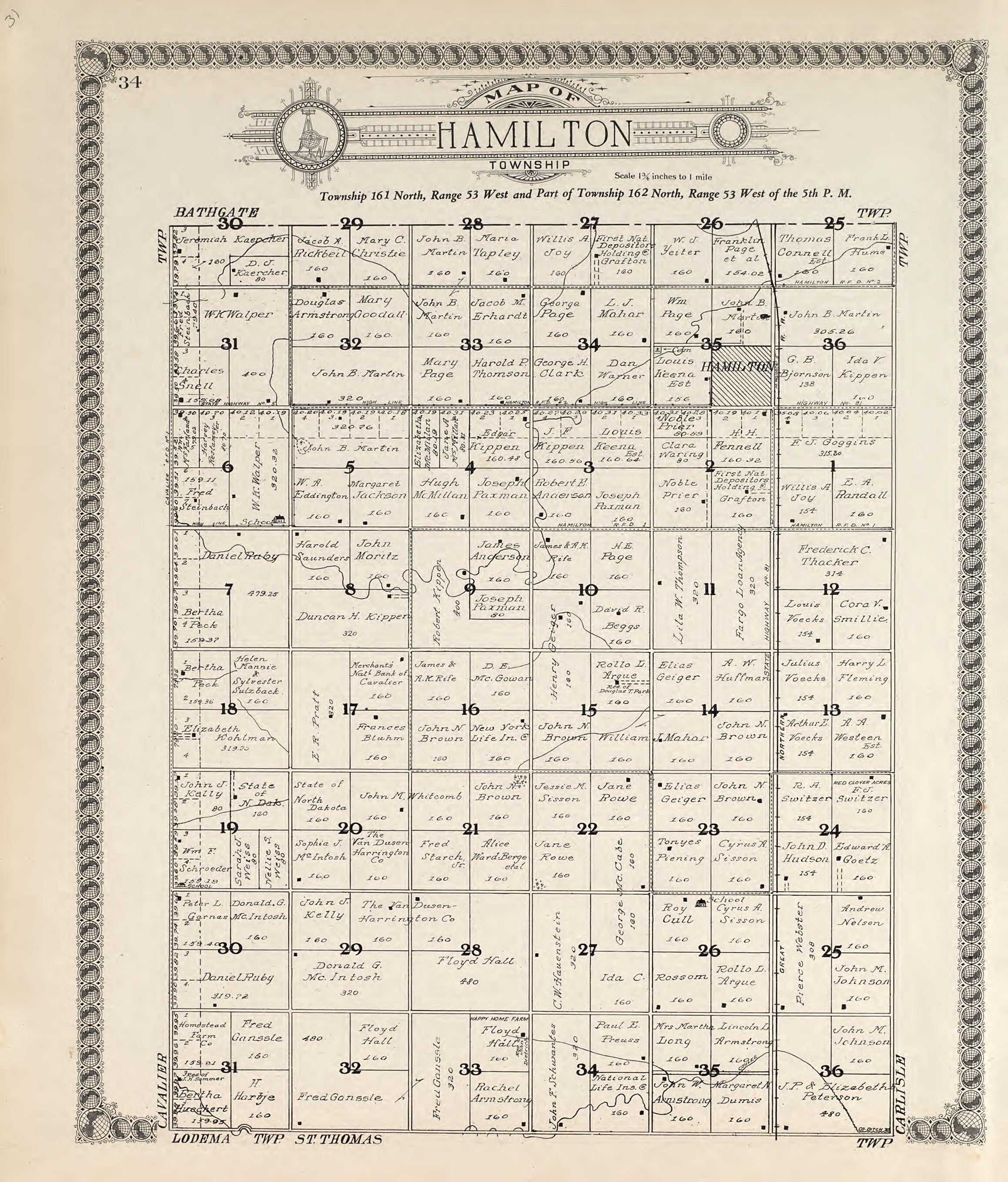 Map of Hamilton Township from Standard Atlas of Pembina County, North Dakota : Including a Plat Book of the Villages, Cities and Townships of the County, Map of the State, United States and World : Patrons Directory, … 1928 by Relic Map Company