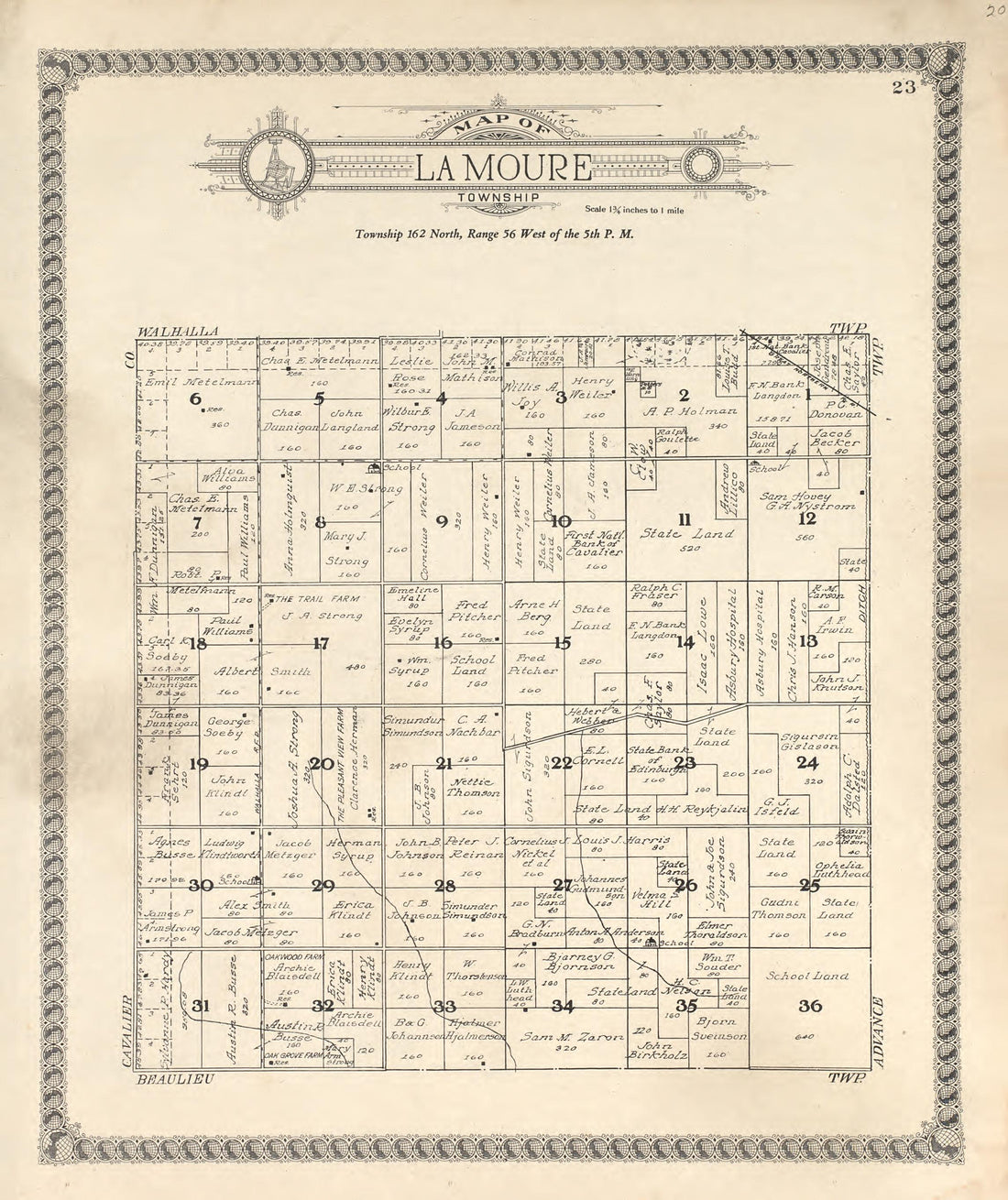 Map of Lamour Township from Standard Atlas of Pembina County, North Dakota : Including a Plat Book of the Villages, Cities and Townships of the County, Map of the State, United States and World : Patrons Directory, … 1928 by Relic Map Company