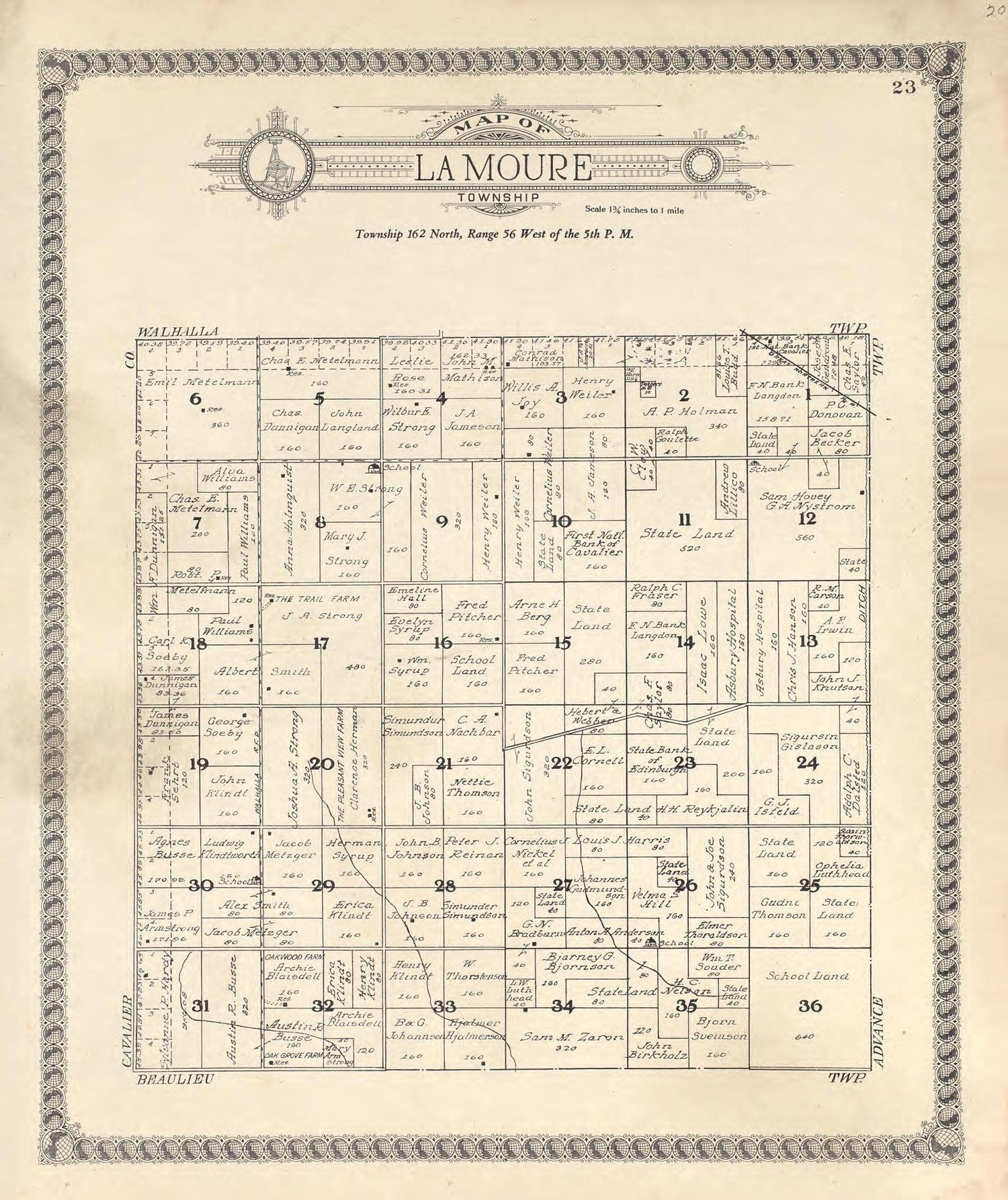Map of Lamour Township from Standard Atlas of Pembina County, North Dakota : Including a Plat Book of the Villages, Cities and Townships of the County, Map of the State, United States and World : Patrons Directory, … 1928 by Relic Map Company