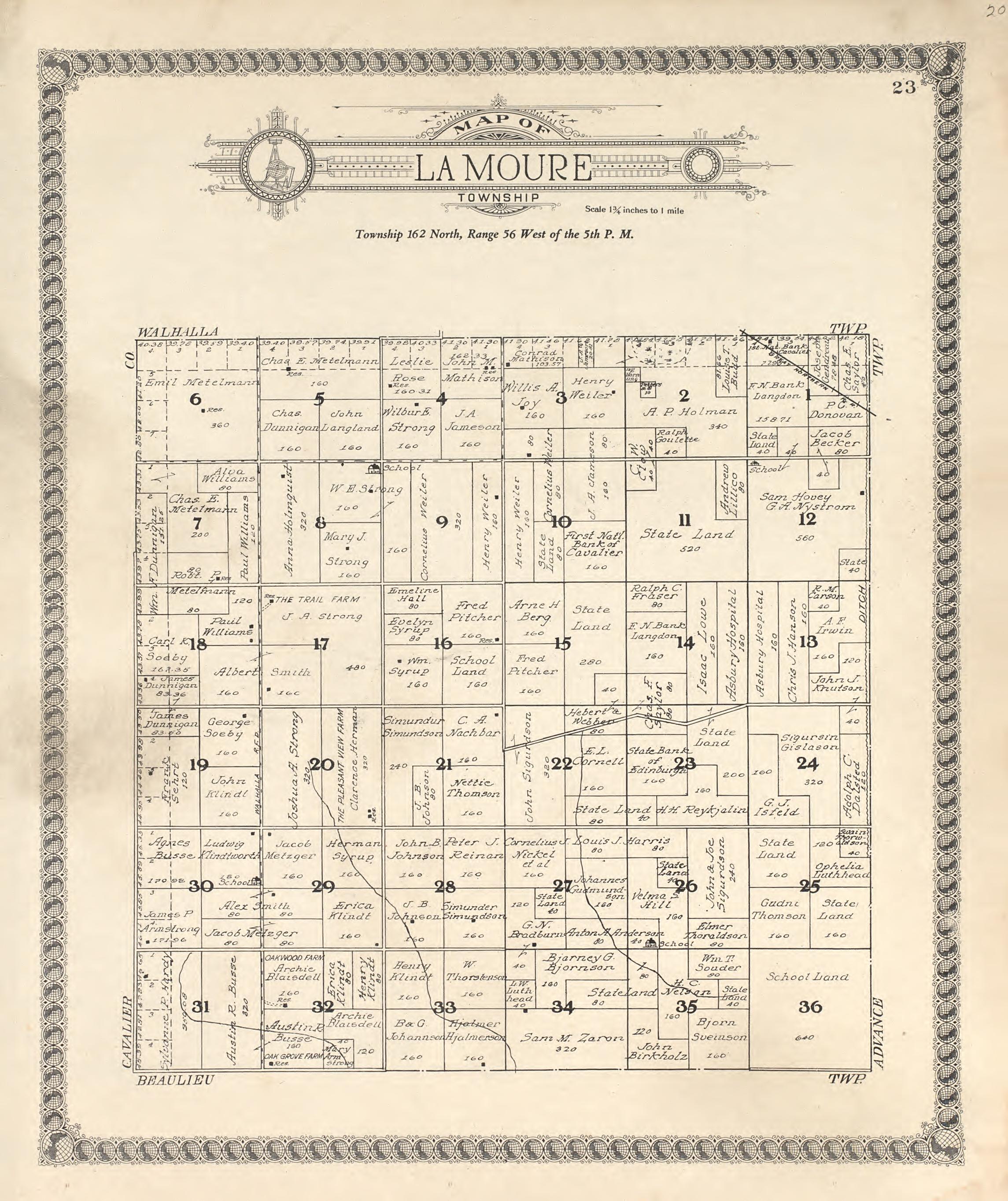 Map of Lamour Township from Standard Atlas of Pembina County, North Dakota : Including a Plat Book of the Villages, Cities and Townships of the County, Map of the State, United States and World : Patrons Directory, … 1928 by Relic Map Company