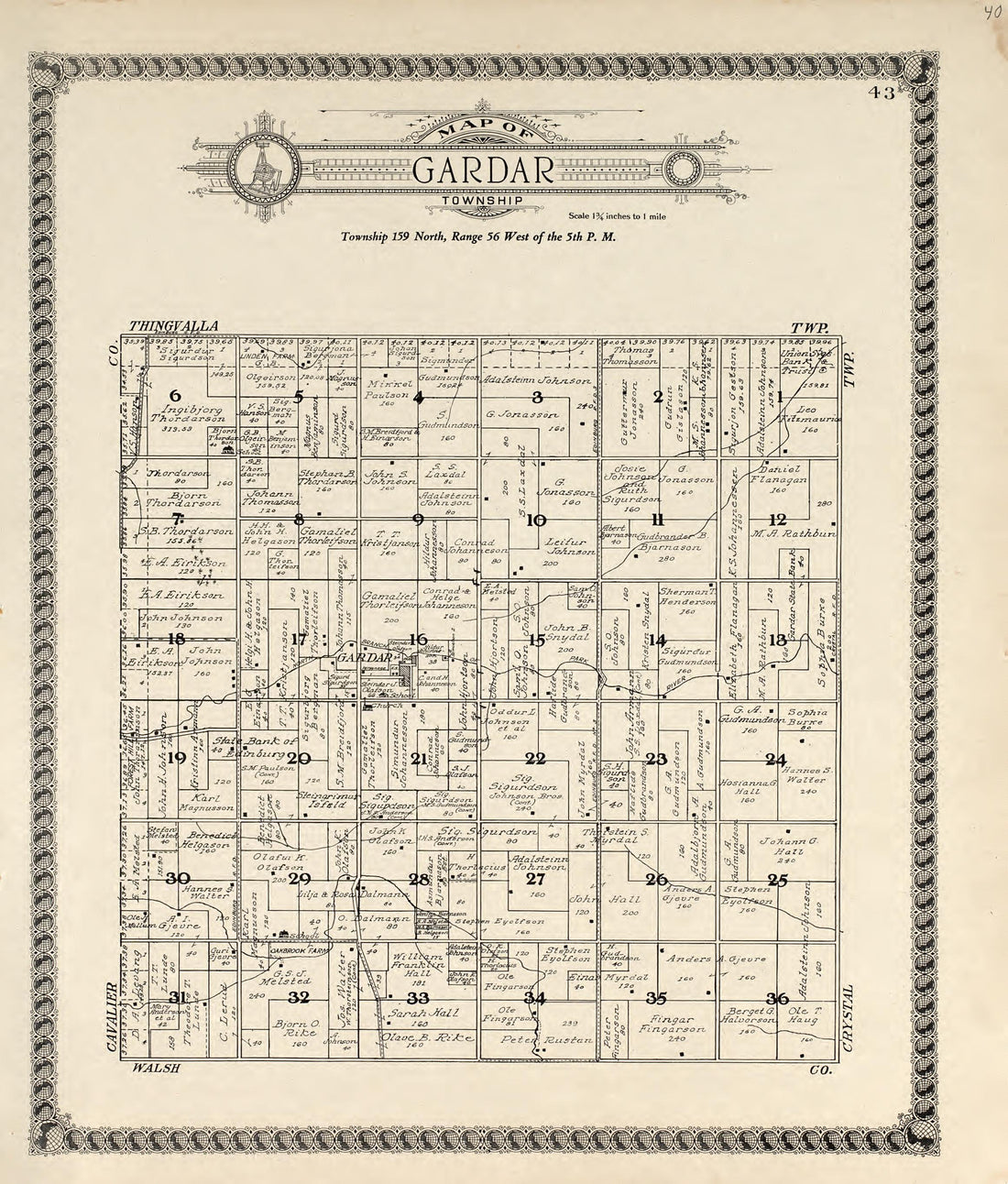Map of Gardar Township from Standard Atlas of Pembina County, North Dakota : Including a Plat Book of the Villages, Cities and Townships of the County, Map of the State, United States and World : Patrons Directory, … 1928 by Relic Map Company