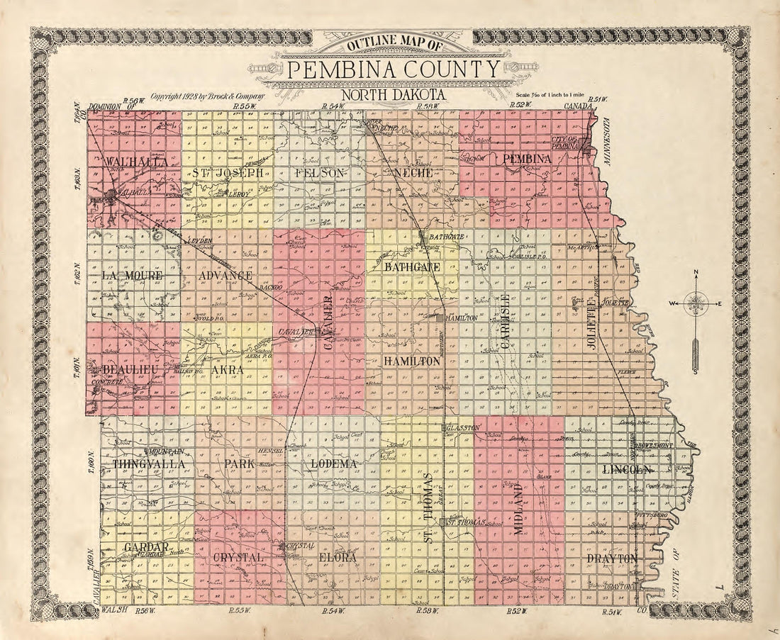 Outline Map of Pembina County, North Dakota from Standard Atlas of Pembina County, North Dakota : Including a Plat Book of the Villages, Cities and Townships of the County, Map of the State, United States and World : Patrons Directory, … 1928 by Relic Map Company
