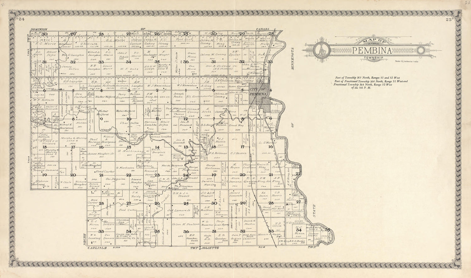 Map of Pembina Township from Standard Atlas of Pembina County, North Dakota : Including a Plat Book of the Villages, Cities and Townships of the County, Map of the State, United States and World : Patrons Directory, … 1928 by Relic Map Company