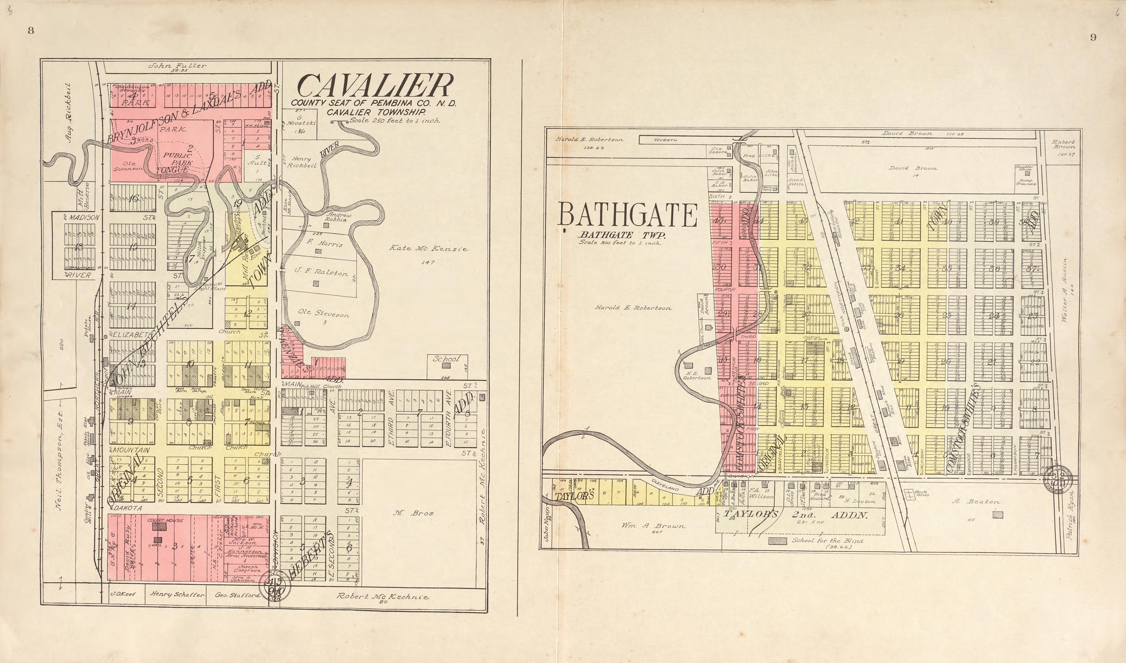 Cavalier; Bathgate from Standard Atlas of Pembina County, North Dakota : Including a Plat Book of the Villages, Cities and Townships of the County, Map of the State, United States and World : Patrons Directory, … 1928 by Relic Map Company