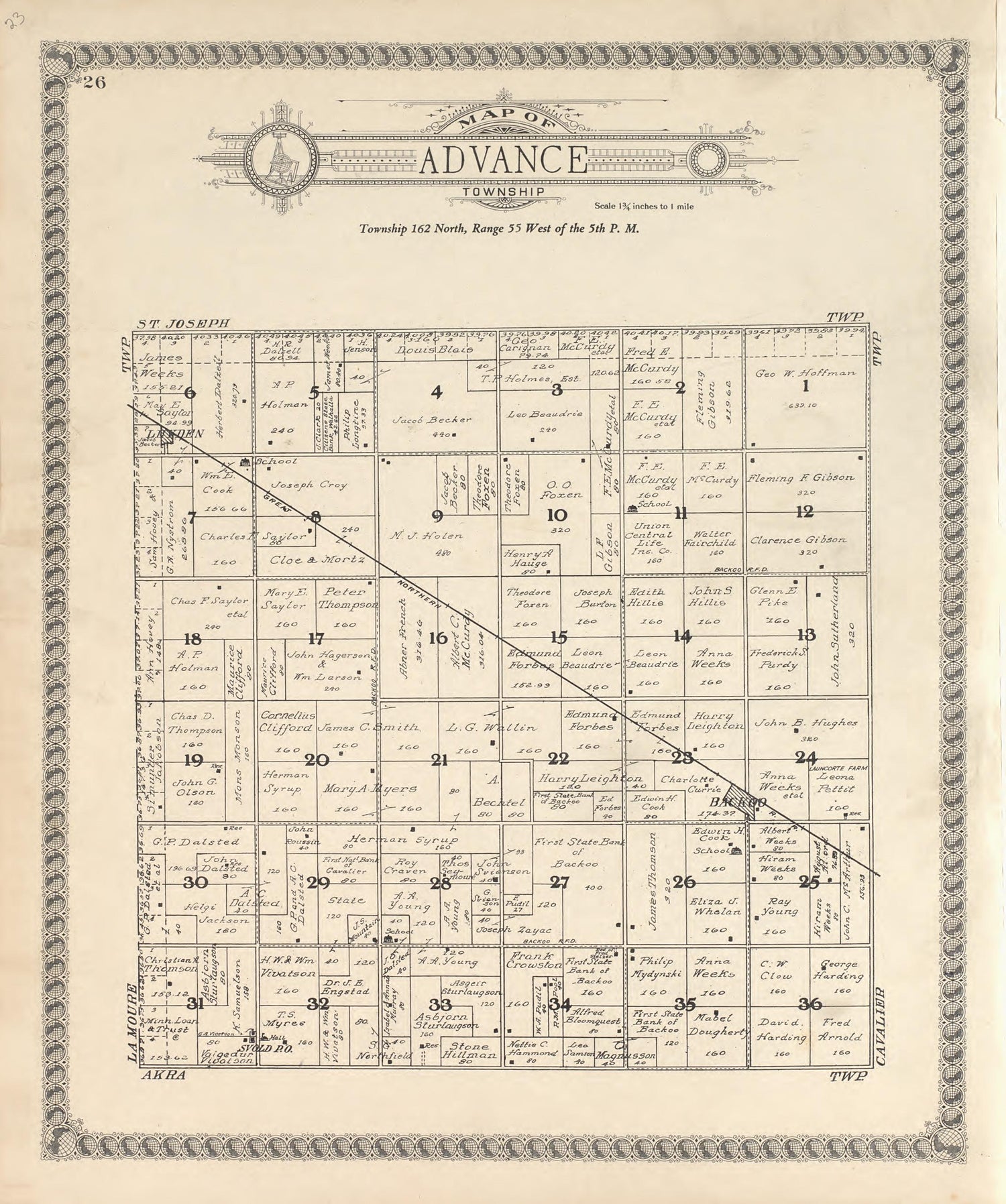 Map of Advance Township from Standard Atlas of Pembina County, North Dakota : Including a Plat Book of the Villages, Cities and Townships of the County, Map of the State, United States and World : Patrons Directory, … 1928 by Relic Map Company