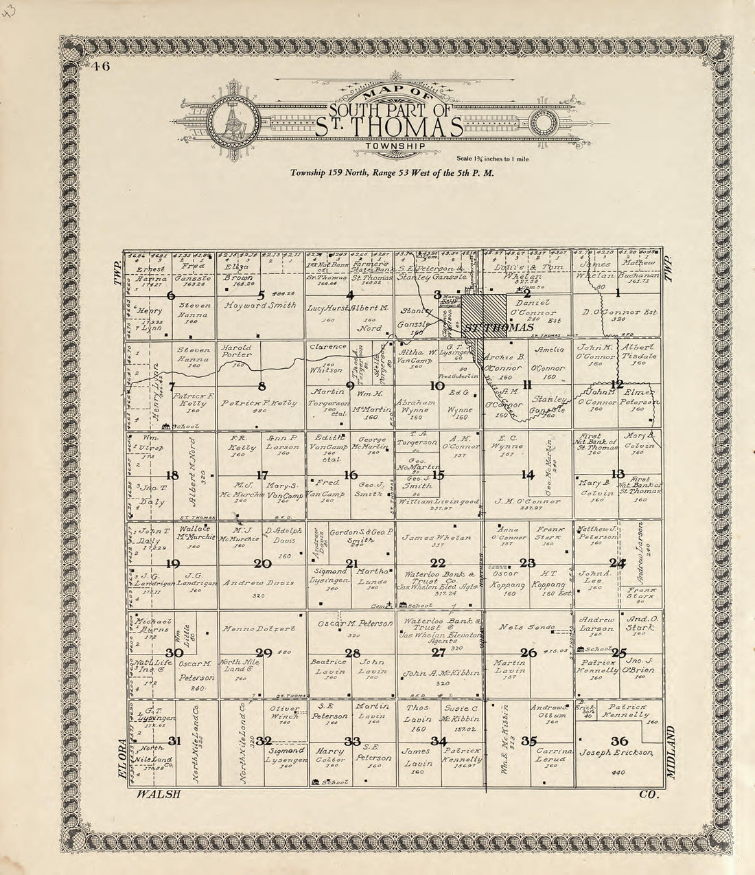 Map of South Part of Midland Township from Standard Atlas of Pembina County, North Dakota : Including a Plat Book of the Villages, Cities and Townships of the County, Map of the State, United States and World : Patrons Directory, … 1928 by Relic Map Company