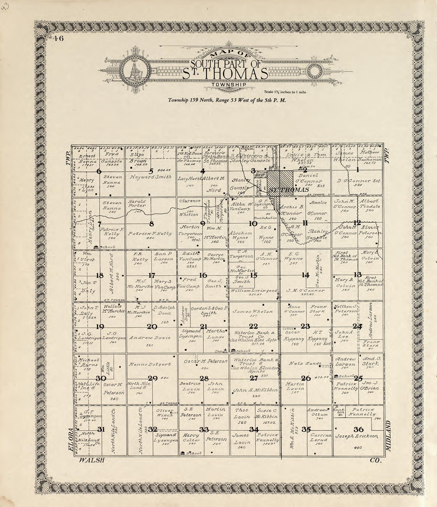 Map of South Part of Midland Township from Standard Atlas of Pembina County, North Dakota : Including a Plat Book of the Villages, Cities and Townships of the County, Map of the State, United States and World : Patrons Directory, … 1928 by Relic Map Company
