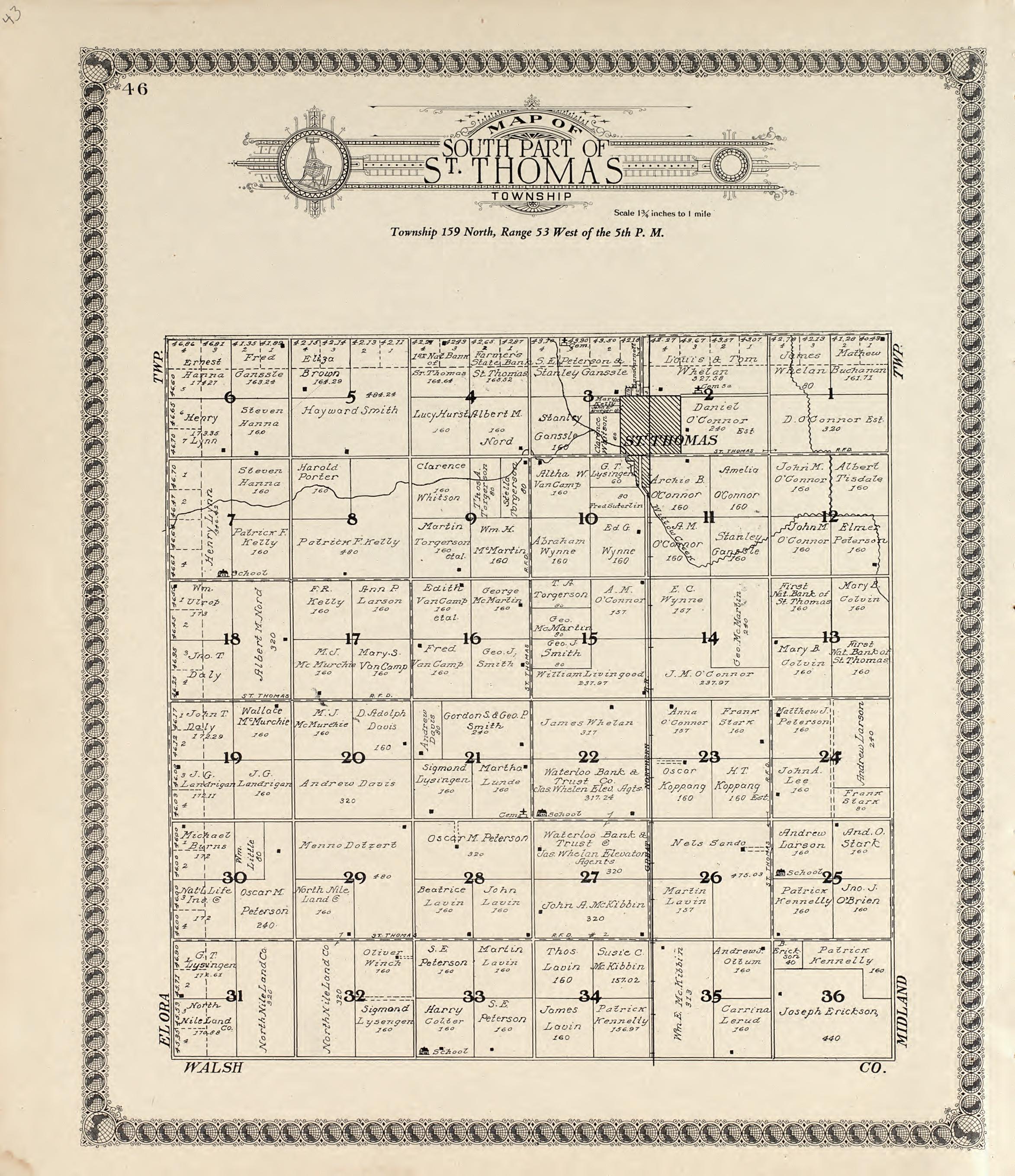 Map of South Part of Midland Township from Standard Atlas of Pembina County, North Dakota : Including a Plat Book of the Villages, Cities and Townships of the County, Map of the State, United States and World : Patrons Directory, … 1928 by Relic Map Company