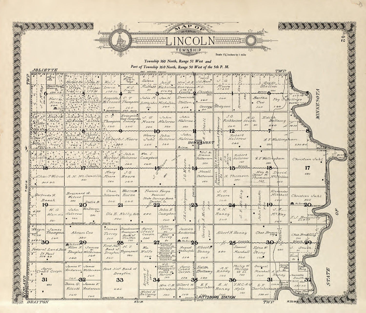 Map of Lincoln Township from Standard Atlas of Pembina County, North Dakota : Including a Plat Book of the Villages, Cities and Townships of the County, Map of the State, United States and World : Patrons Directory, … 1928 by Relic Map Company