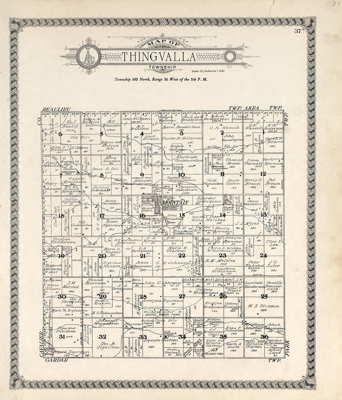 Map of Thingvalla Township from Standard Atlas of Pembina County, North Dakota : Including a Plat Book of the Villages, Cities and Townships of the County, Map of the State, United States and World : Patrons Directory, … 1928 by Relic Map Company