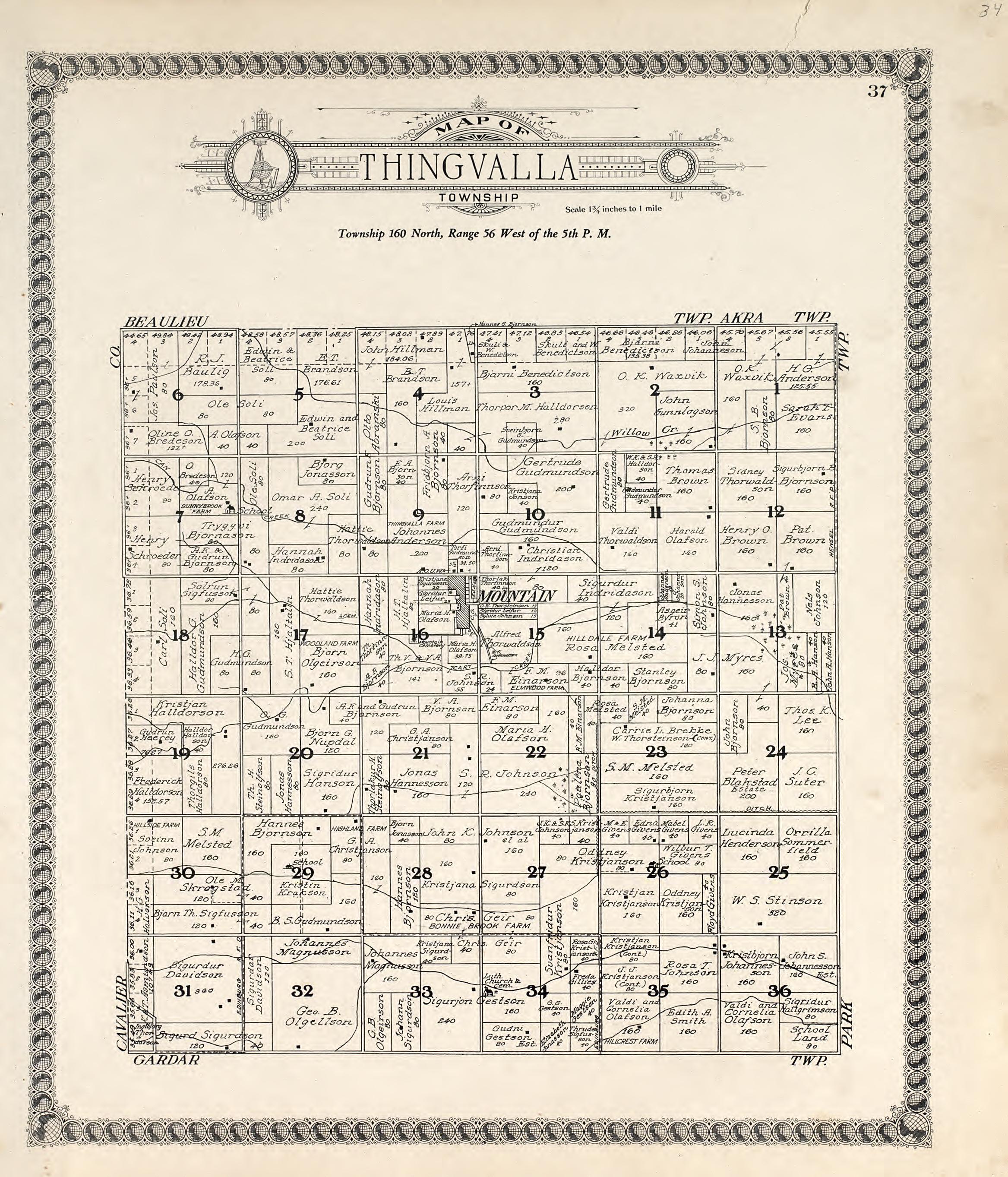Map of Thingvalla Township from Standard Atlas of Pembina County, North Dakota : Including a Plat Book of the Villages, Cities and Townships of the County, Map of the State, United States and World : Patrons Directory, … 1928 by Relic Map Company