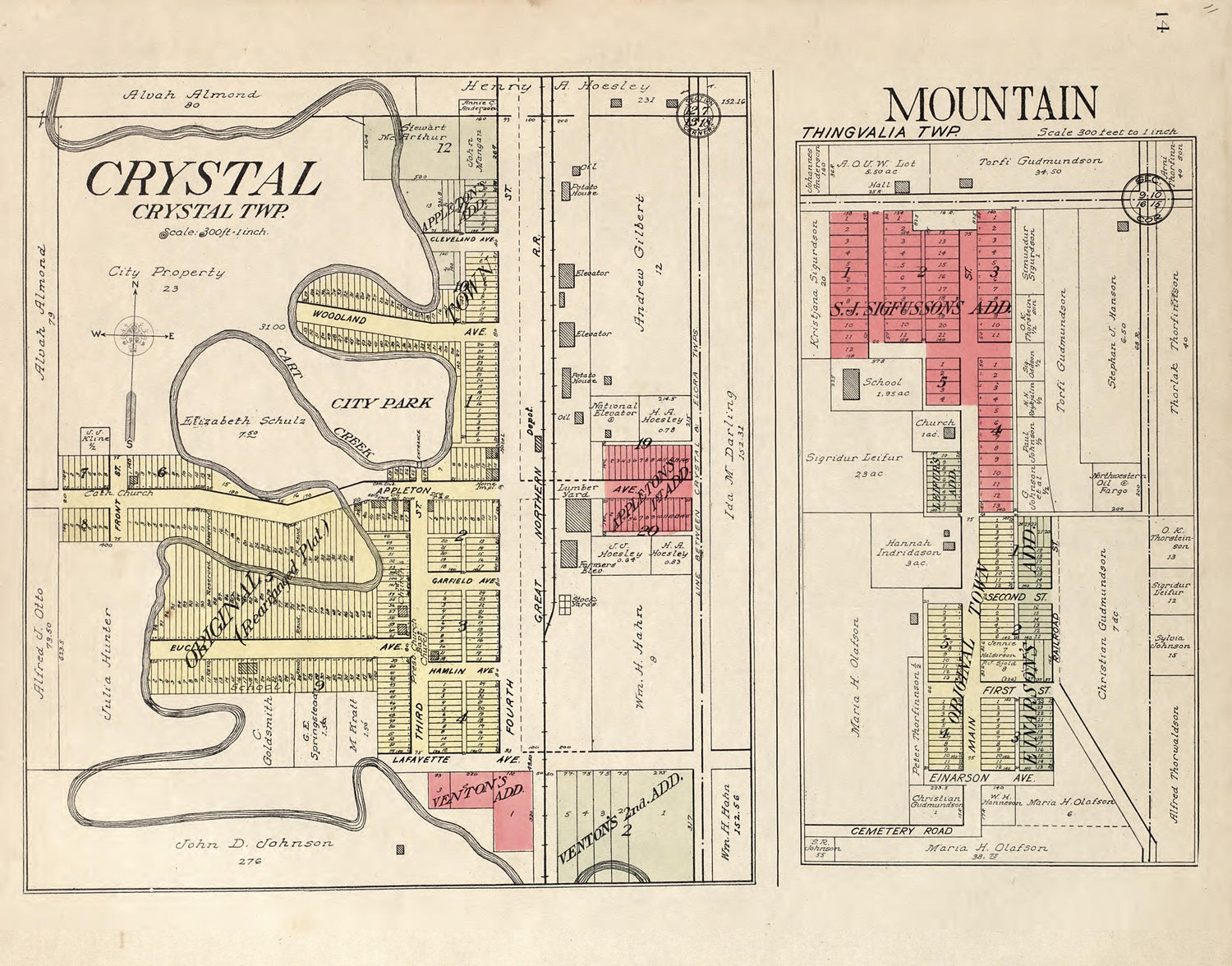Crystal, Crystal Township; Mountain, Thingvalia Township from Standard Atlas of Pembina County, North Dakota : Including a Plat Book of the Villages, Cities and Townships of the County, Map of the State, United States and World : Patrons Directory, �... by Relic Map Company