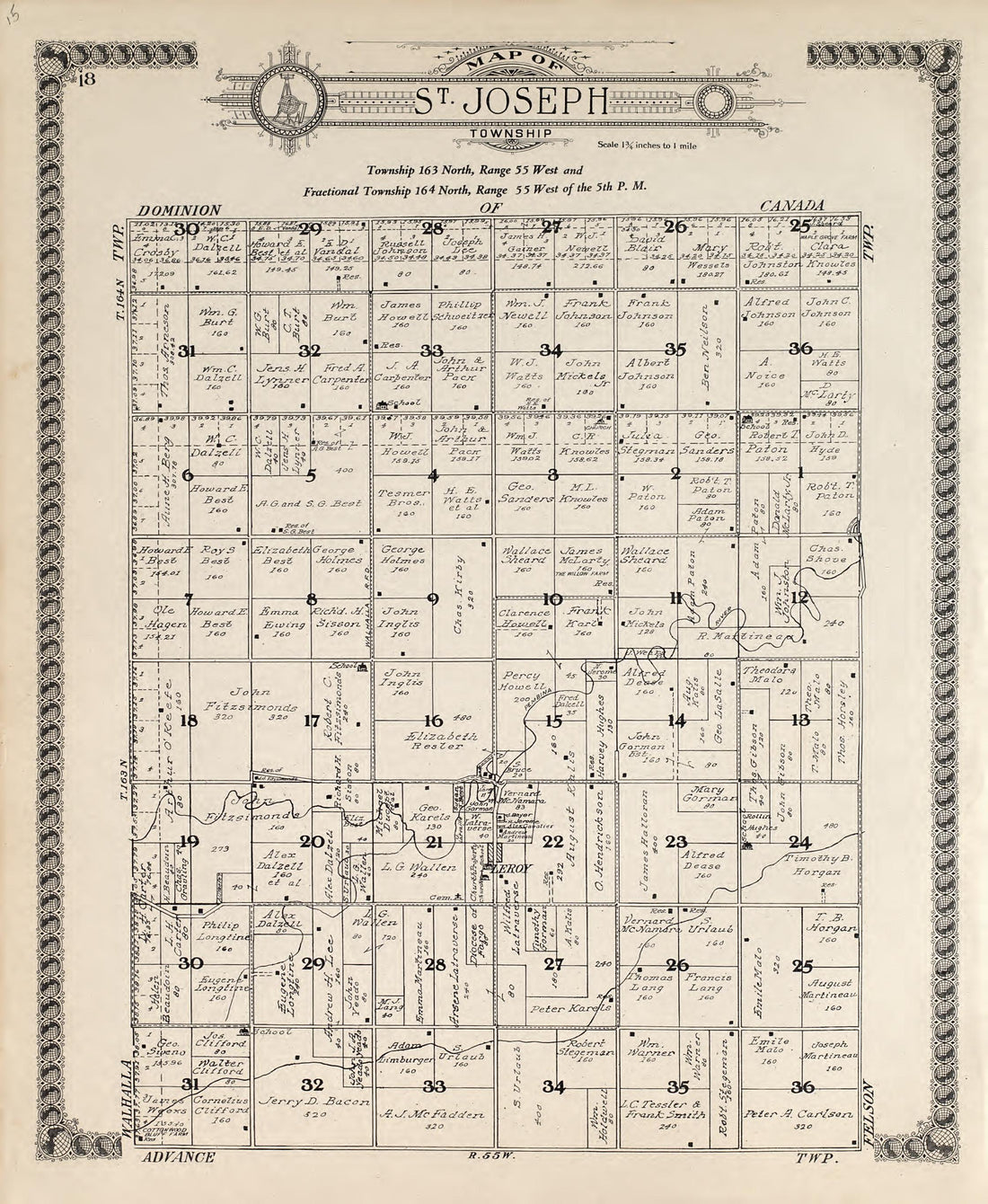 Map of St. Joseph Township from Standard Atlas of Pembina County, North Dakota : Including a Plat Book of the Villages, Cities and Townships of the County, Map of the State, United States and World : Patrons Directory, … 1928 by Relic Map Company