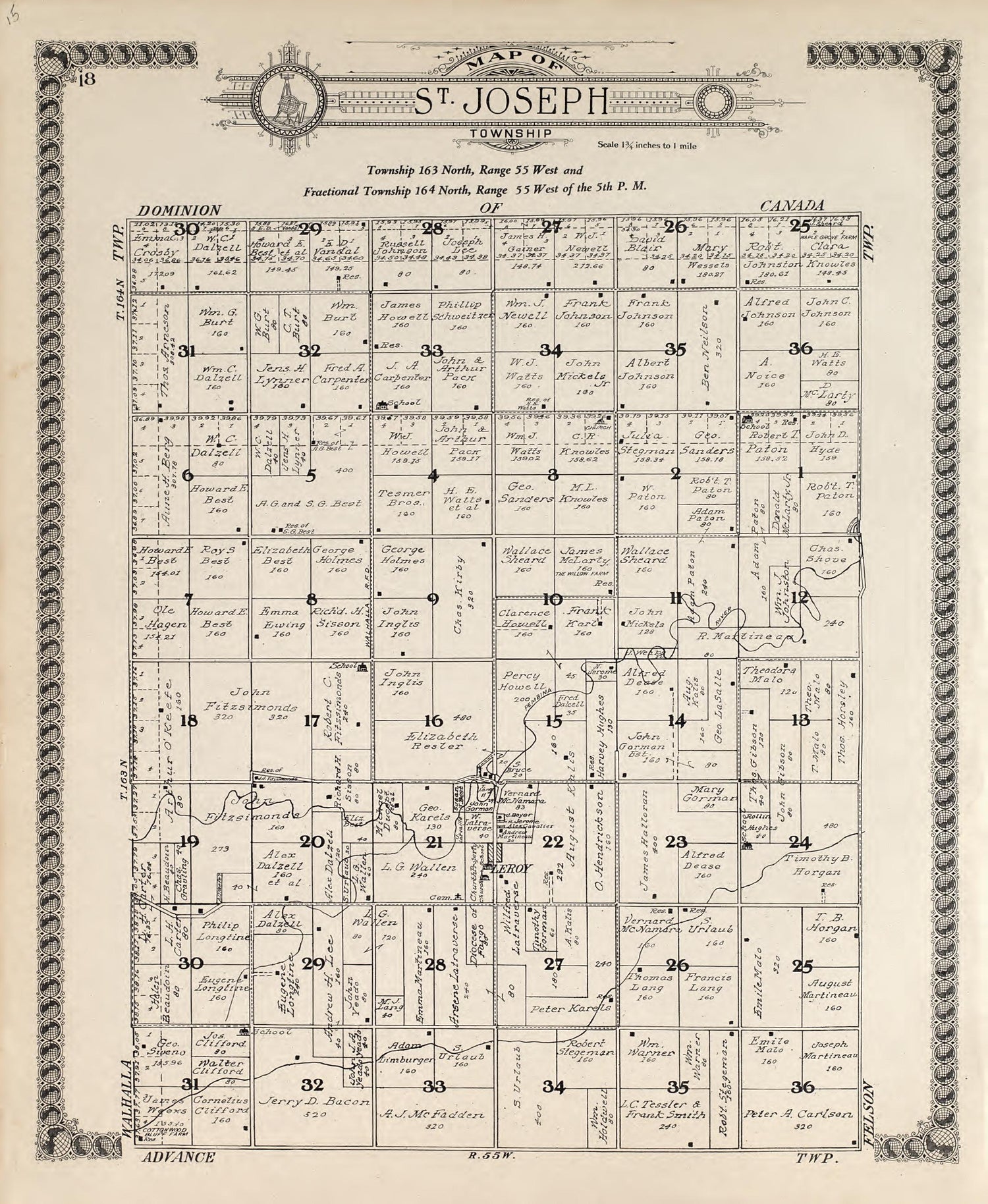 Map of St. Joseph Township from Standard Atlas of Pembina County, North Dakota : Including a Plat Book of the Villages, Cities and Townships of the County, Map of the State, United States and World : Patrons Directory, … 1928 by Relic Map Company