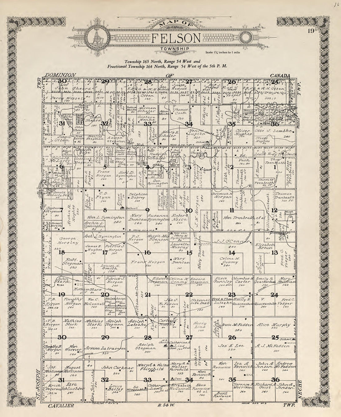 Map of Felson Township from Standard Atlas of Pembina County, North Dakota : Including a Plat Book of the Villages, Cities and Townships of the County, Map of the State, United States and World : Patrons Directory, … 1928 by Relic Map Company
