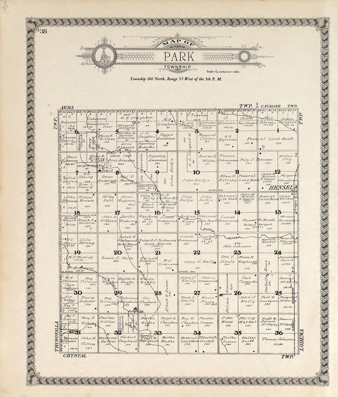 Map of Park Township from Standard Atlas of Pembina County, North Dakota : Including a Plat Book of the Villages, Cities and Townships of the County, Map of the State, United States and World : Patrons Directory, … 1928 by Relic Map Company