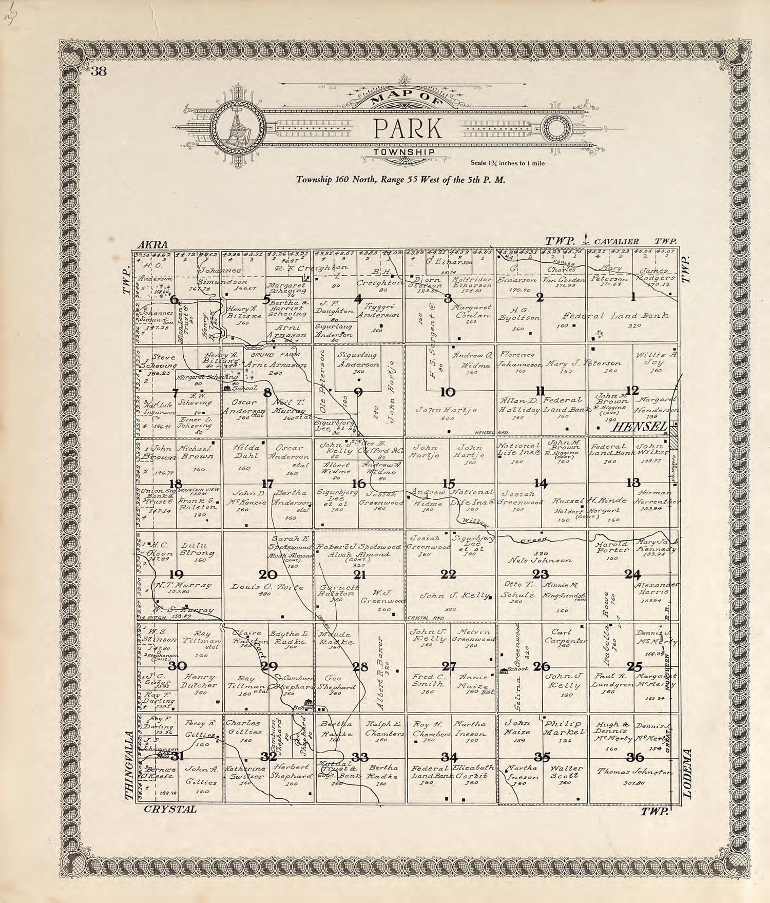 Map of Park Township from Standard Atlas of Pembina County, North Dakota : Including a Plat Book of the Villages, Cities and Townships of the County, Map of the State, United States and World : Patrons Directory, … 1928 by Relic Map Company