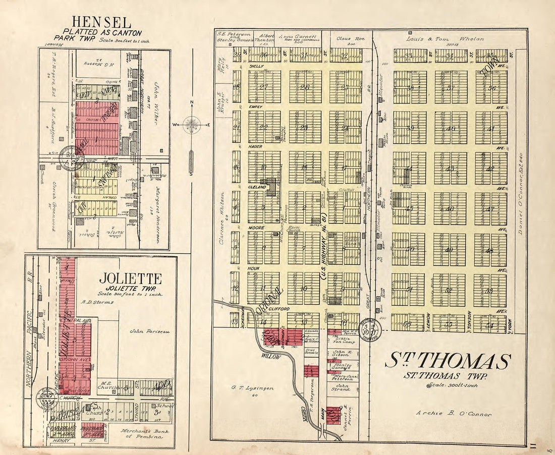 Hensel Platted As Canton; Joliette, Joliette Township; St. Thomas, St. Thomas Township from Standard Atlas of Pembina County, North Dakota : Including a Plat Book of the Villages, Cities and Townships of the County, Map of the State, United States and... by Relic Map Company