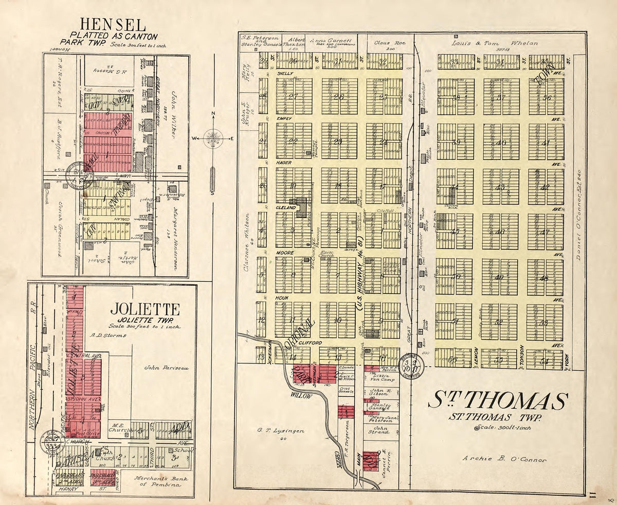 Hensel Platted As Canton; Joliette, Joliette Township; St. Thomas, St. Thomas Township from Standard Atlas of Pembina County, North Dakota : Including a Plat Book of the Villages, Cities and Townships of the County, Map of the State, United States and... by Relic Map Company