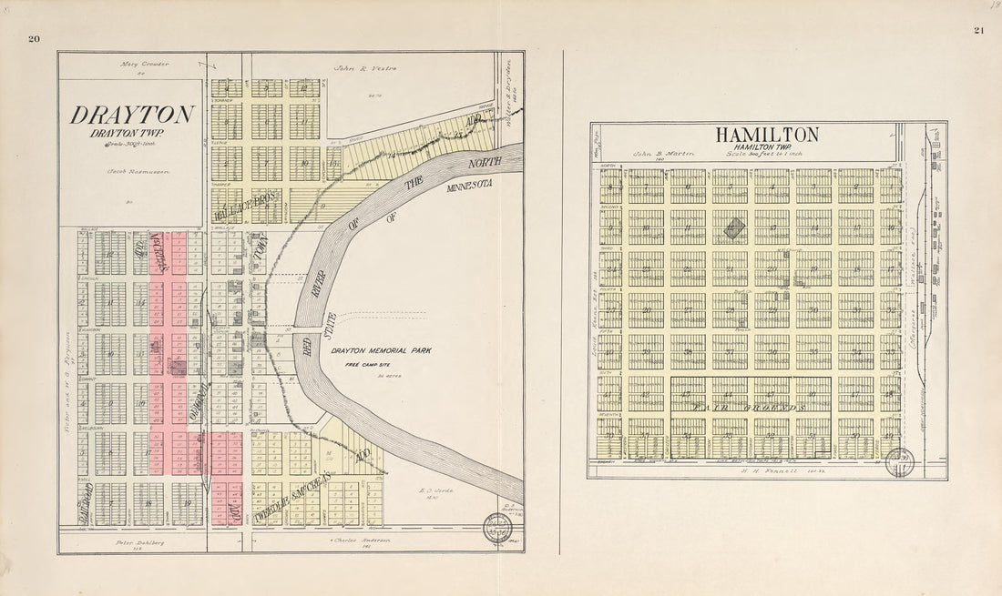 Drayton, Drayton Township; Hamilton, Hamilton Township from Standard Atlas of Pembina County, North Dakota : Including a Plat Book of the Villages, Cities and Townships of the County, Map of the State, United States and World : Patrons Directory, … 1928 by Relic Map Company