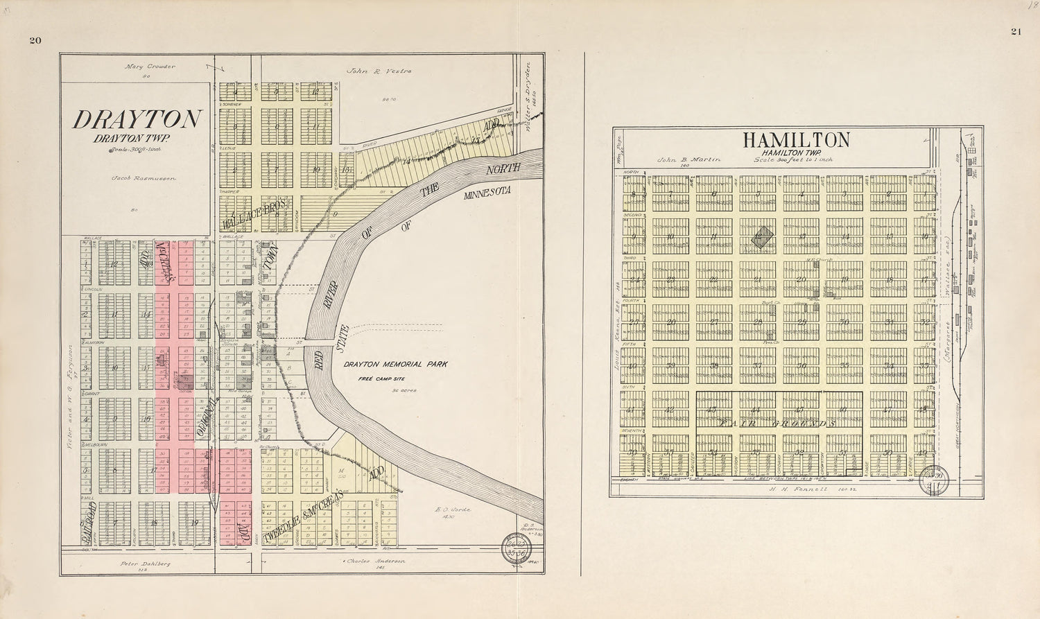 Drayton, Drayton Township; Hamilton, Hamilton Township from Standard Atlas of Pembina County, North Dakota : Including a Plat Book of the Villages, Cities and Townships of the County, Map of the State, United States and World : Patrons Directory, … 1928 by Relic Map Company