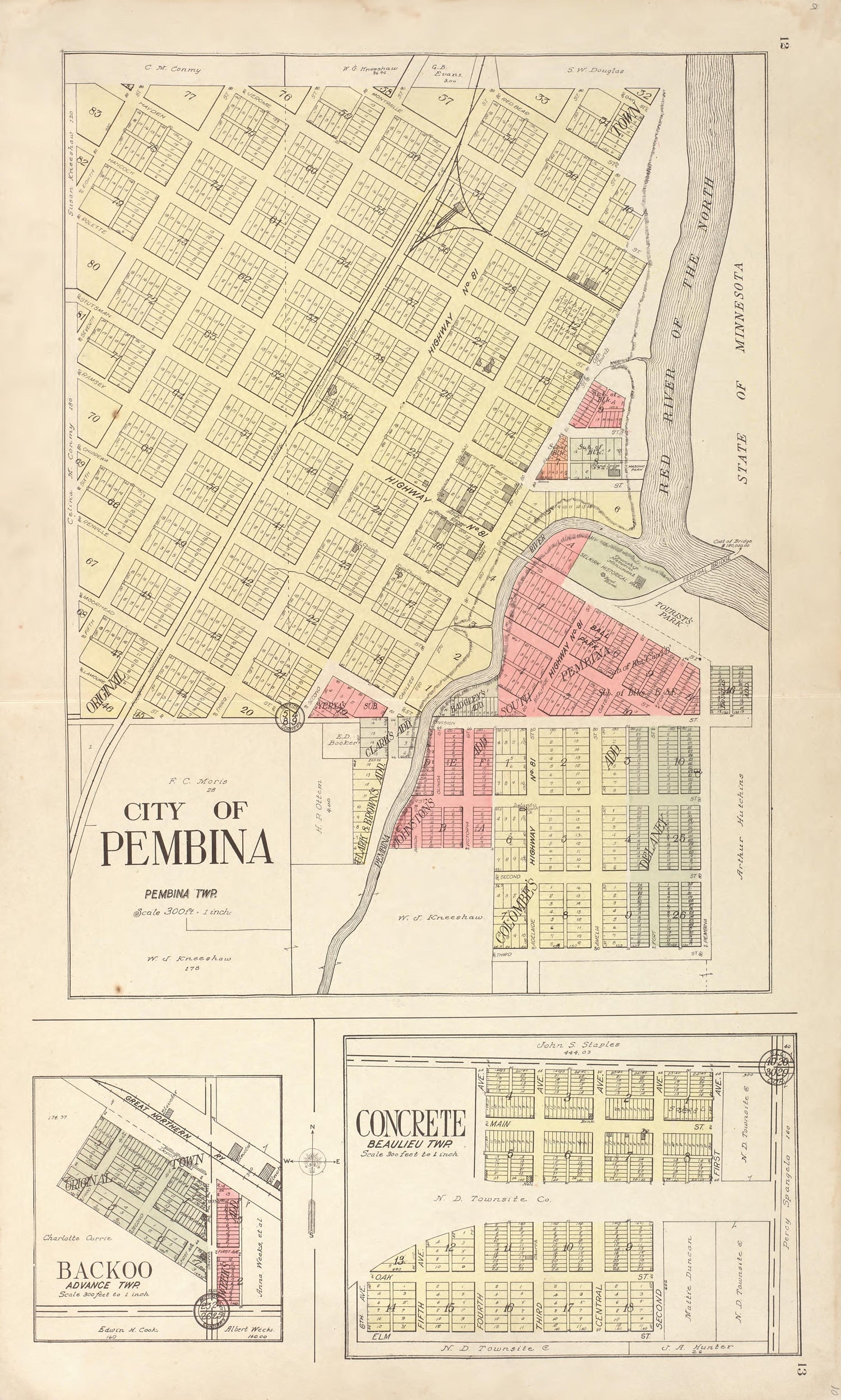 City of Pembina; Backoo; Concrete from Standard Atlas of Pembina County, North Dakota : Including a Plat Book of the Villages, Cities and Townships of the County, Map of the State, United States and World : Patrons Directory, … 1928 by Relic Map Company