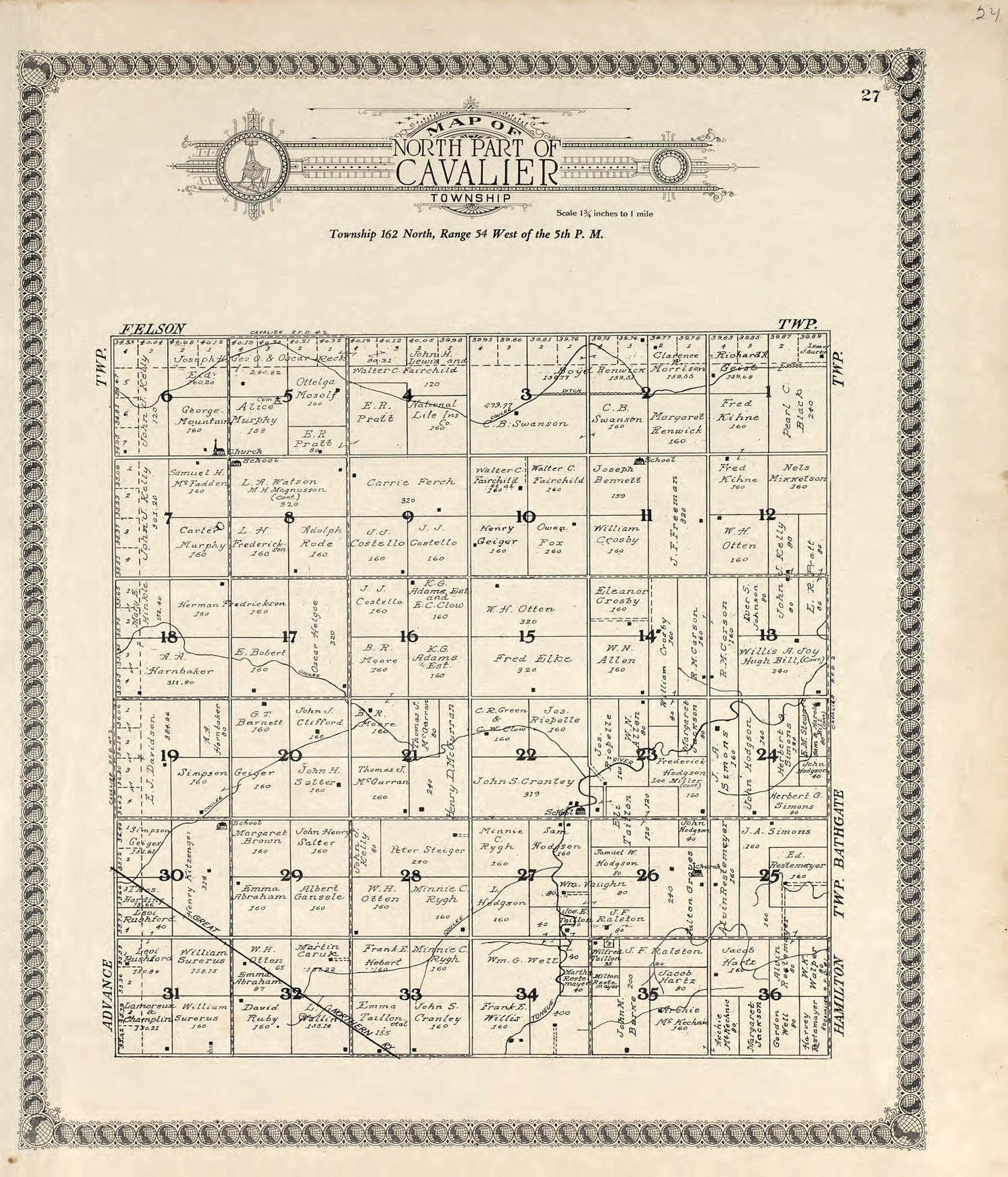 Map of North Part of Cavalier Township from Standard Atlas of Pembina County, North Dakota : Including a Plat Book of the Villages, Cities and Townships of the County, Map of the State, United States and World : Patrons Directory, … 1928 by Relic Map Company