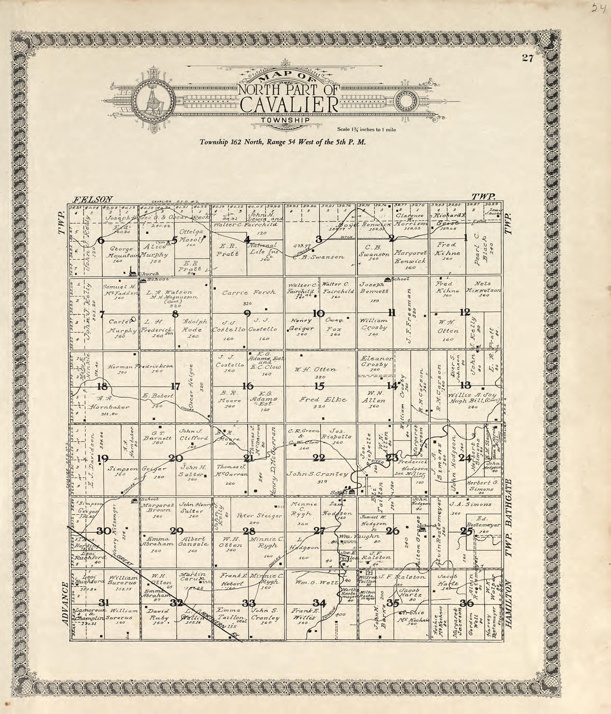 Map of North Part of Cavalier Township from Standard Atlas of Pembina County, North Dakota : Including a Plat Book of the Villages, Cities and Townships of the County, Map of the State, United States and World : Patrons Directory, … 1928 by Relic Map Company