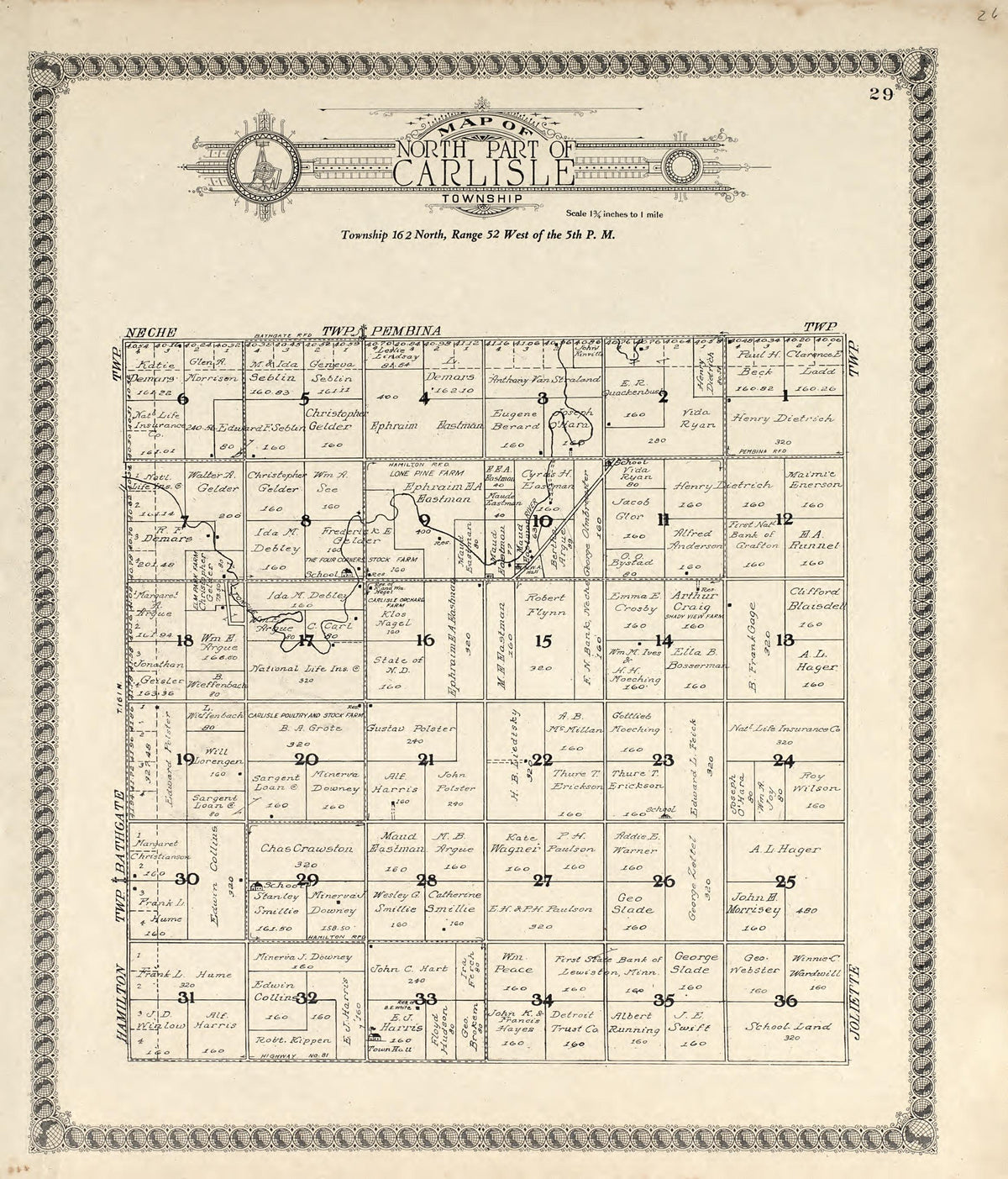 Map of North Part of Carlisle Township from Standard Atlas of Pembina County, North Dakota : Including a Plat Book of the Villages, Cities and Townships of the County, Map of the State, United States and World : Patrons Directory, … 1928 by Relic Map Company