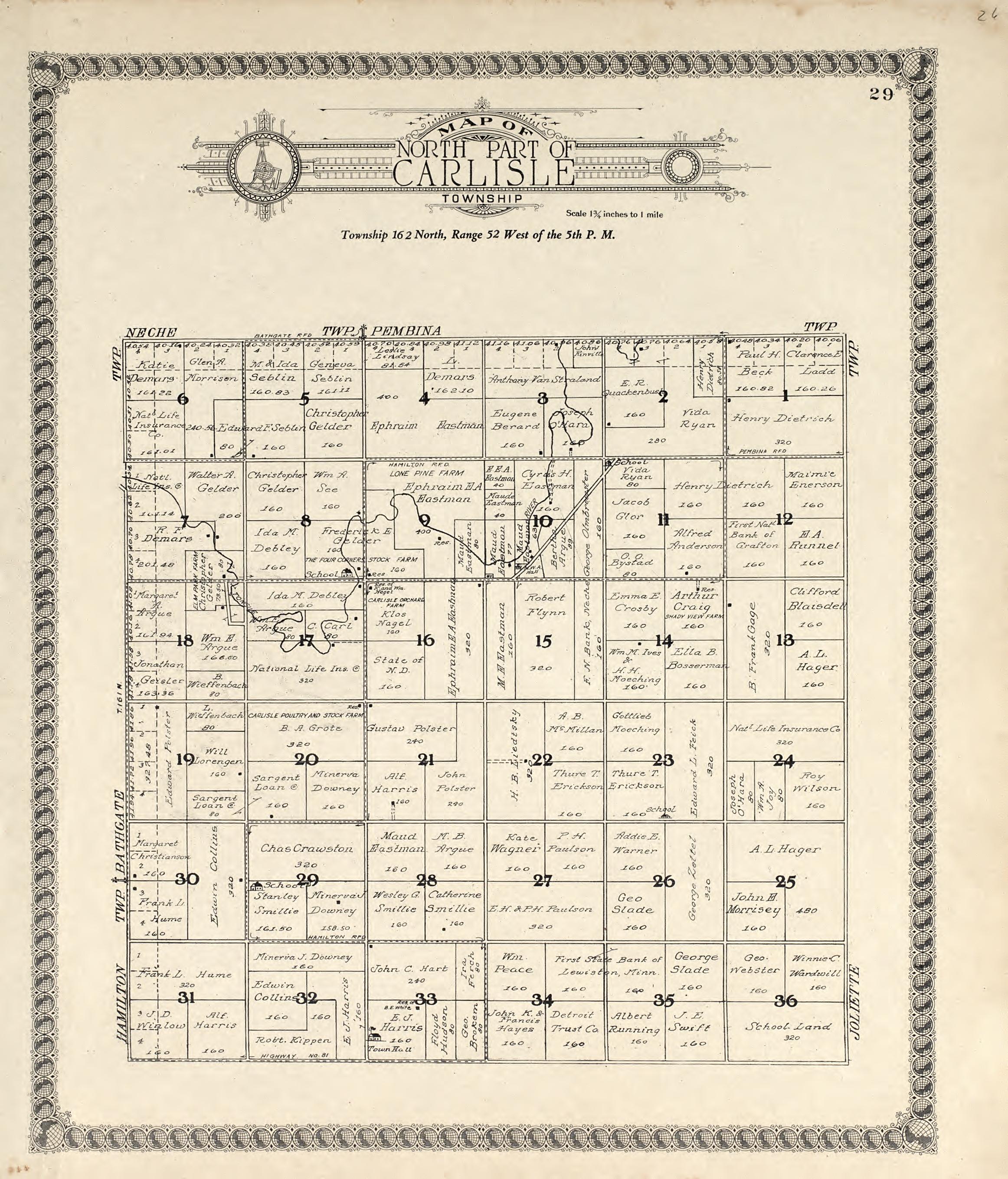 Map of North Part of Carlisle Township from Standard Atlas of Pembina County, North Dakota : Including a Plat Book of the Villages, Cities and Townships of the County, Map of the State, United States and World : Patrons Directory, … 1928 by Relic Map Company