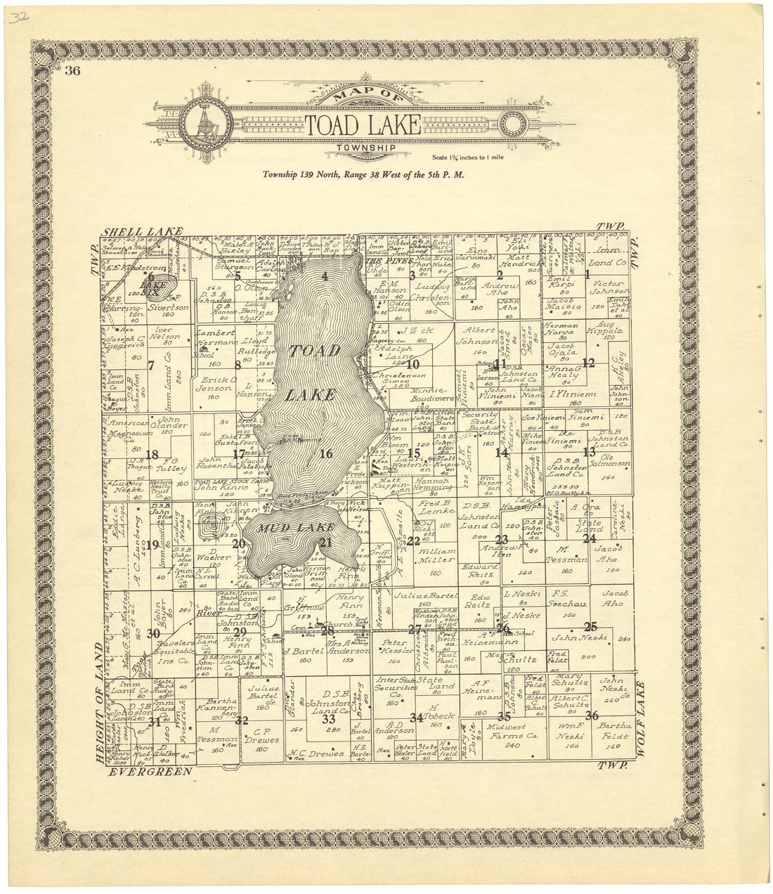 Map of Toad Lake Township from Standard Atlas of Becker County, Minnesota : Including a Plat Book of the Villages, Cities and Townships of the County, Map of the State, United States and World : Patrons Directory, Reference … 1929 by Relic Map Company