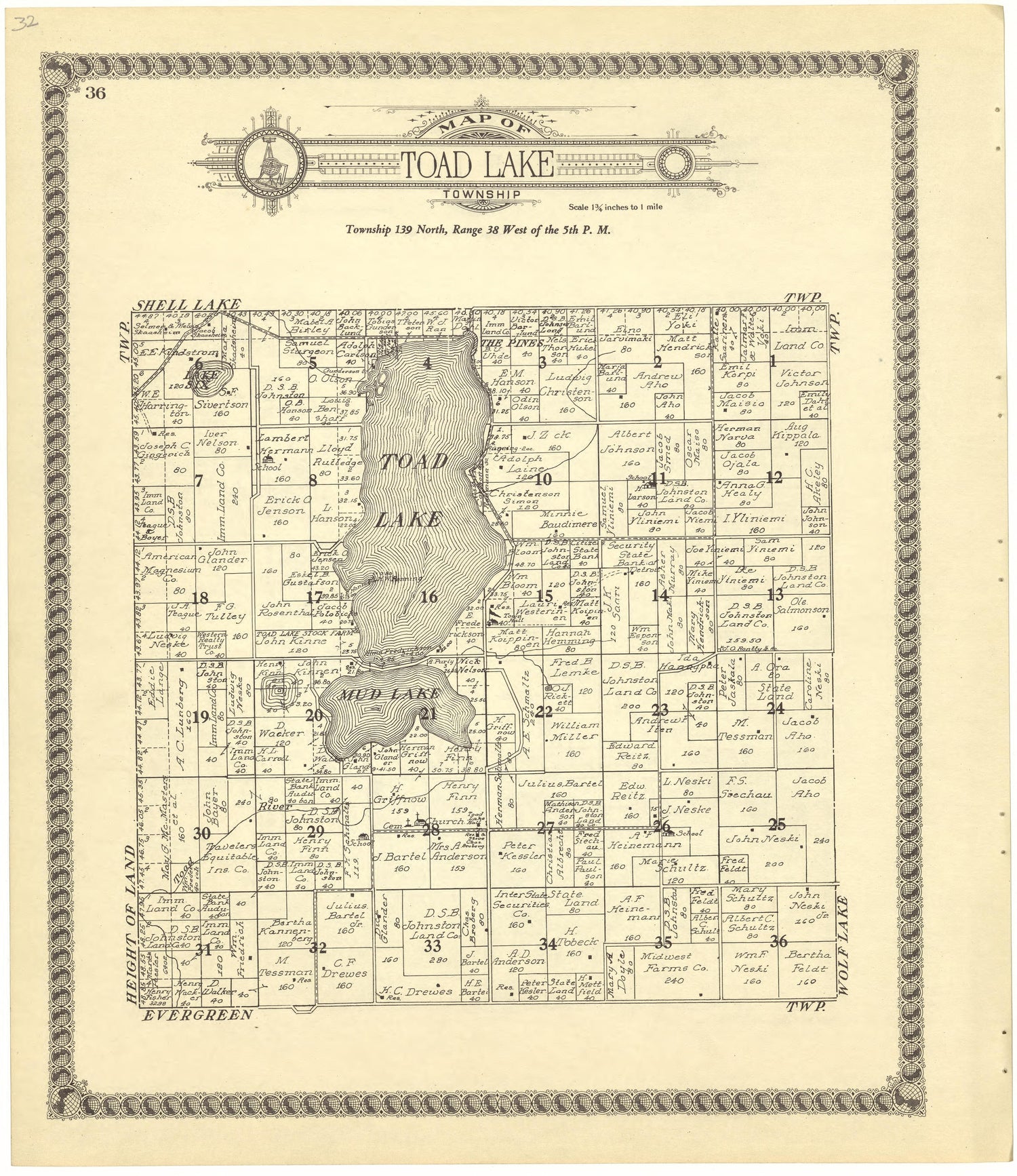 Map of Toad Lake Township from Standard Atlas of Becker County, Minnesota : Including a Plat Book of the Villages, Cities and Townships of the County, Map of the State, United States and World : Patrons Directory, Reference … 1929 by Relic Map Company