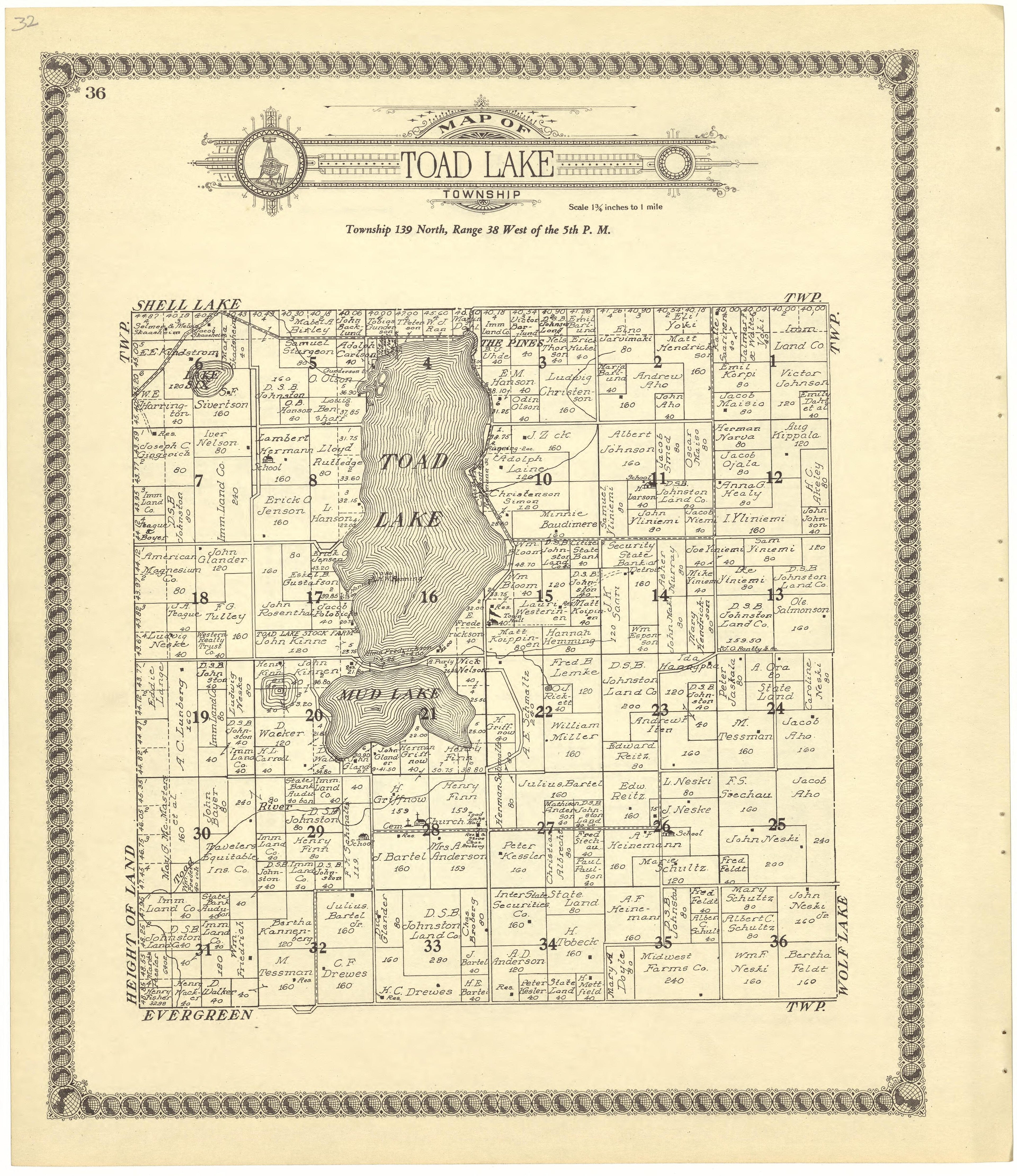 Map of Toad Lake Township from Standard Atlas of Becker County, Minnesota : Including a Plat Book of the Villages, Cities and Townships of the County, Map of the State, United States and World : Patrons Directory, Reference … 1929 by Relic Map Company