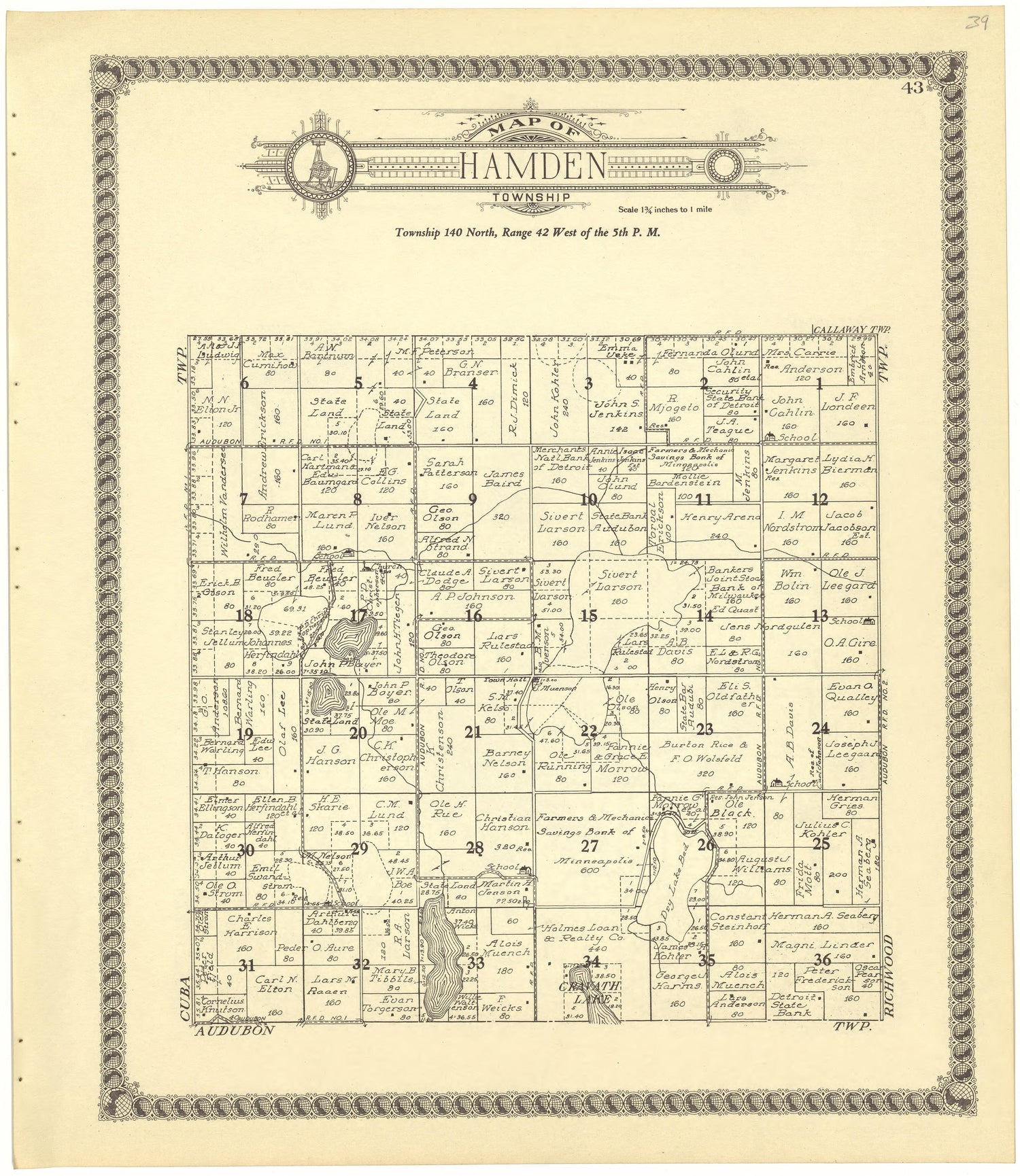 Map of Hamden Township from Standard Atlas of Becker County, Minnesota : Including a Plat Book of the Villages, Cities and Townships of the County, Map of the State, United States and World : Patrons Directory, Reference … 1929 by Relic Map Company