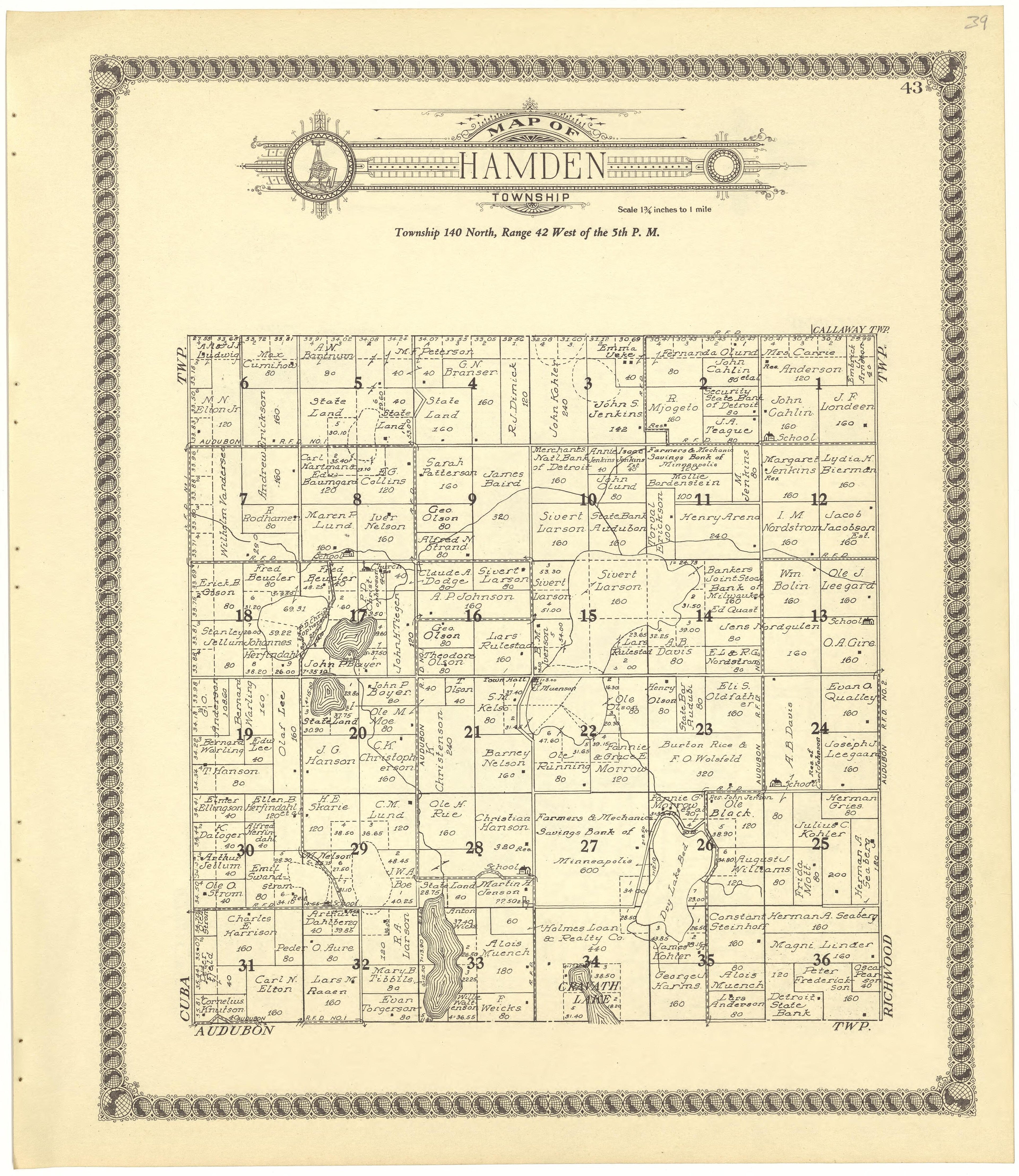 Map of Hamden Township from Standard Atlas of Becker County, Minnesota : Including a Plat Book of the Villages, Cities and Townships of the County, Map of the State, United States and World : Patrons Directory, Reference … 1929 by Relic Map Company
