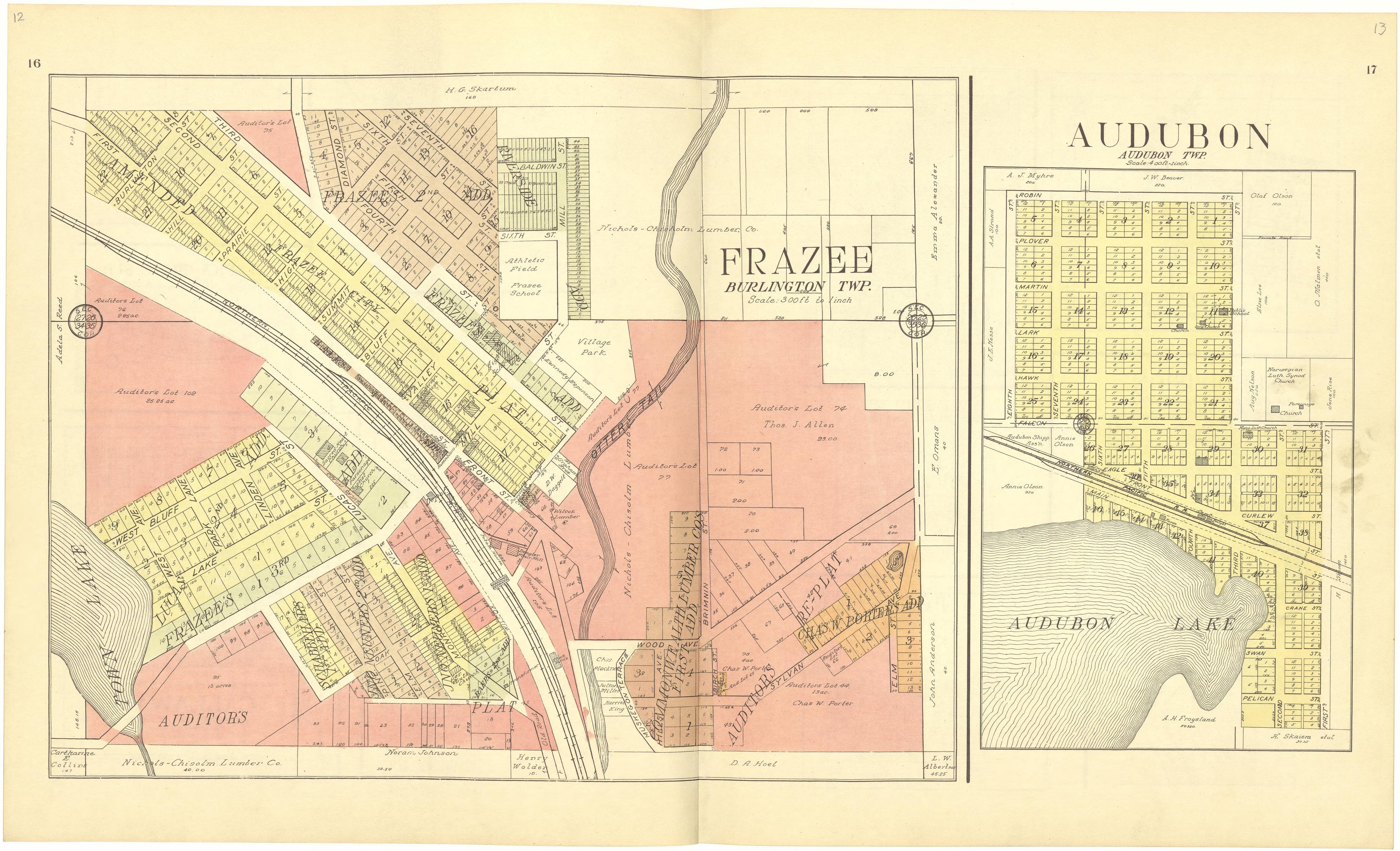 Frazee (Burlington Twp); Audubon from Standard Atlas of Becker County, Minnesota : Including a Plat Book of the Villages, Cities and Townships of the County, Map of the State, United States and World : Patrons Directory, Reference … 1929 by Relic Map Company