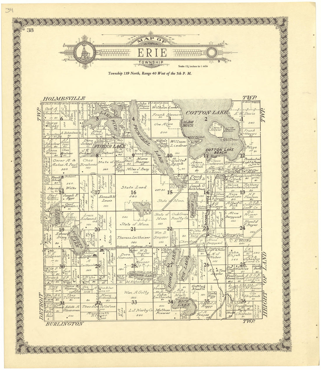 Map of Erie Township from Standard Atlas of Becker County, Minnesota : Including a Plat Book of the Villages, Cities and Townships of the County, Map of the State, United States and World : Patrons Directory, Reference … 1929 by Relic Map Company