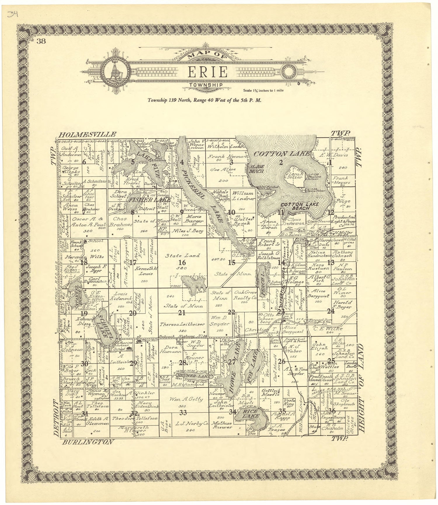 Map of Erie Township from Standard Atlas of Becker County, Minnesota : Including a Plat Book of the Villages, Cities and Townships of the County, Map of the State, United States and World : Patrons Directory, Reference … 1929 by Relic Map Company