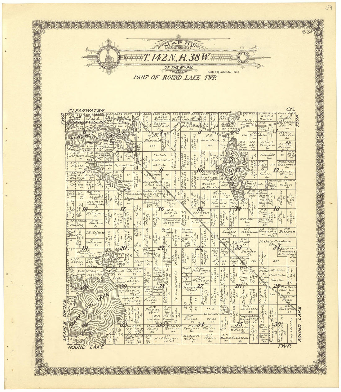 Map of T.142N.,R.38W from Standard Atlas of Becker County, Minnesota : Including a Plat Book of the Villages, Cities and Townships of the County, Map of the State, United States and World : Patrons Directory, Reference … 1929 by Relic Map Company