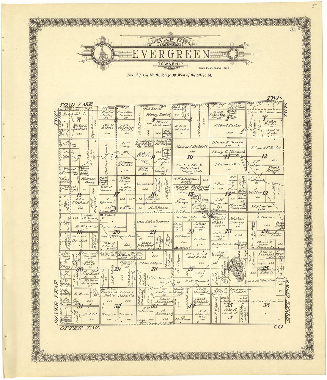 Map of Evergreen Township from Standard Atlas of Becker County, Minnesota : Including a Plat Book of the Villages, Cities and Townships of the County, Map of the State, United States and World : Patrons Directory, Reference … 1929 by Relic Map Company