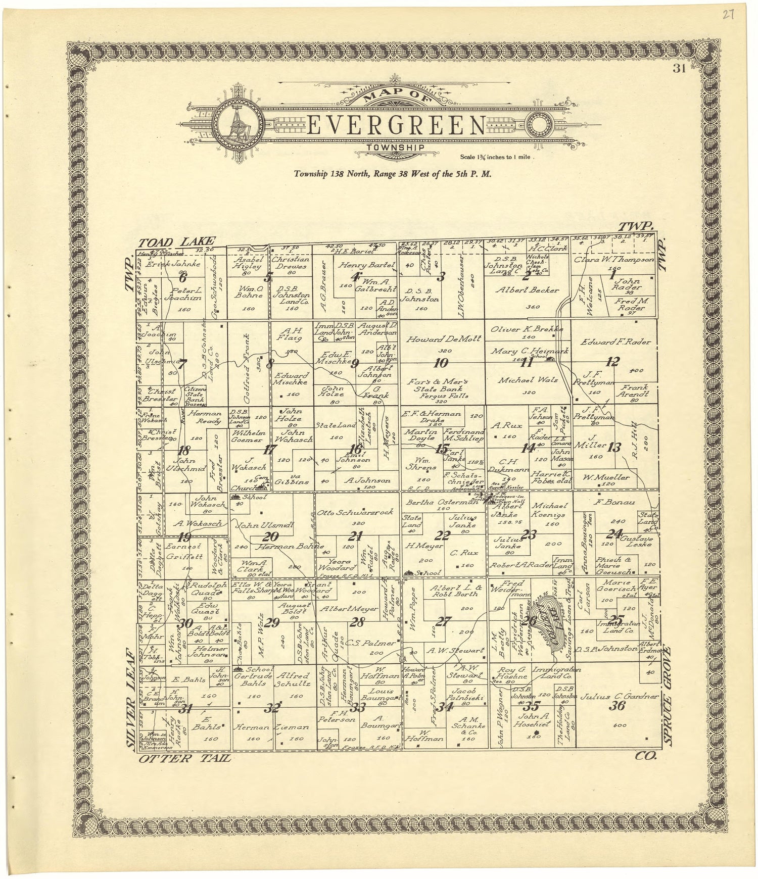 Map of Evergreen Township from Standard Atlas of Becker County, Minnesota : Including a Plat Book of the Villages, Cities and Townships of the County, Map of the State, United States and World : Patrons Directory, Reference … 1929 by Relic Map Company