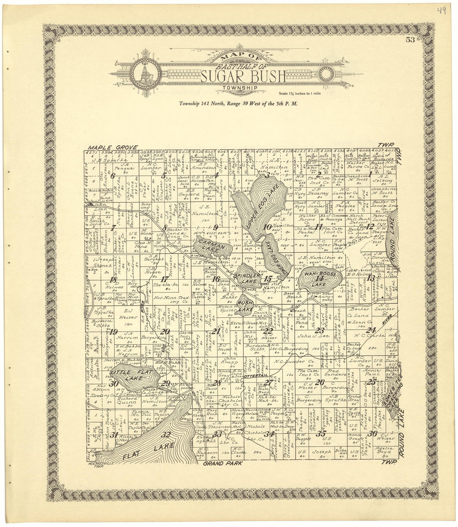Map of East Half of Sugar Bush Township from Standard Atlas of Becker County, Minnesota : Including a Plat Book of the Villages, Cities and Townships of the County, Map of the State, United States and World : Patrons Directory, Reference … 1929 by Relic Map Company