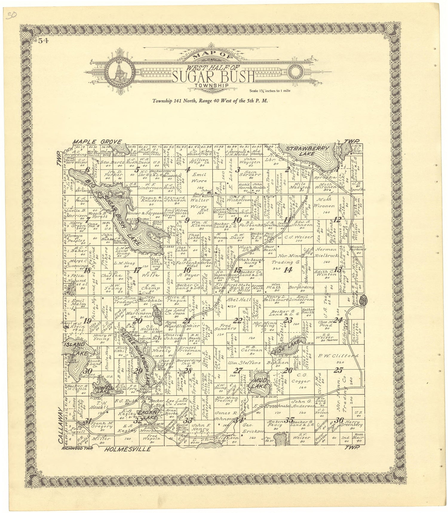 Map of West Half of Sugar Bush Township from Standard Atlas of Becker County, Minnesota : Including a Plat Book of the Villages, Cities and Townships of the County, Map of the State, United States and World : Patrons Directory, Reference … 1929 by Relic Map Company
