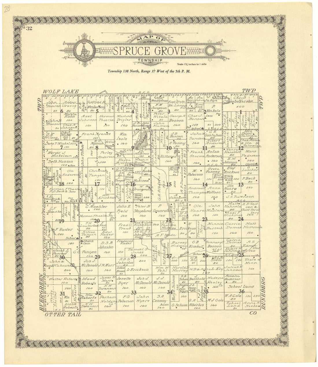 Map of Spruce Grove Township from Standard Atlas of Becker County, Minnesota : Including a Plat Book of the Villages, Cities and Townships of the County, Map of the State, United States and World : Patrons Directory, Reference … 1929 by Relic Map Company