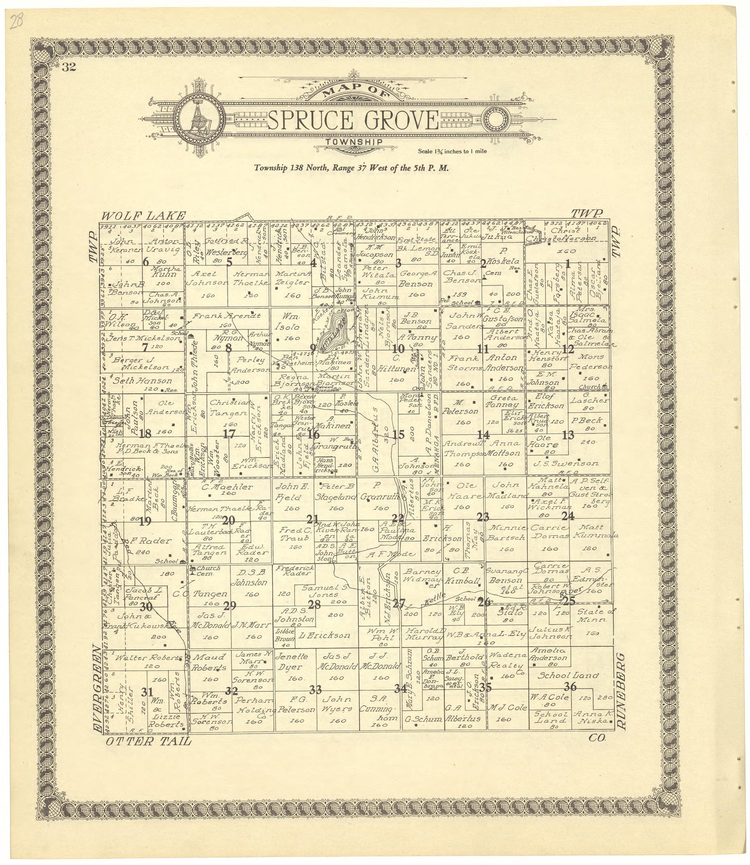 Map of Spruce Grove Township from Standard Atlas of Becker County, Minnesota : Including a Plat Book of the Villages, Cities and Townships of the County, Map of the State, United States and World : Patrons Directory, Reference … 1929 by Relic Map Company